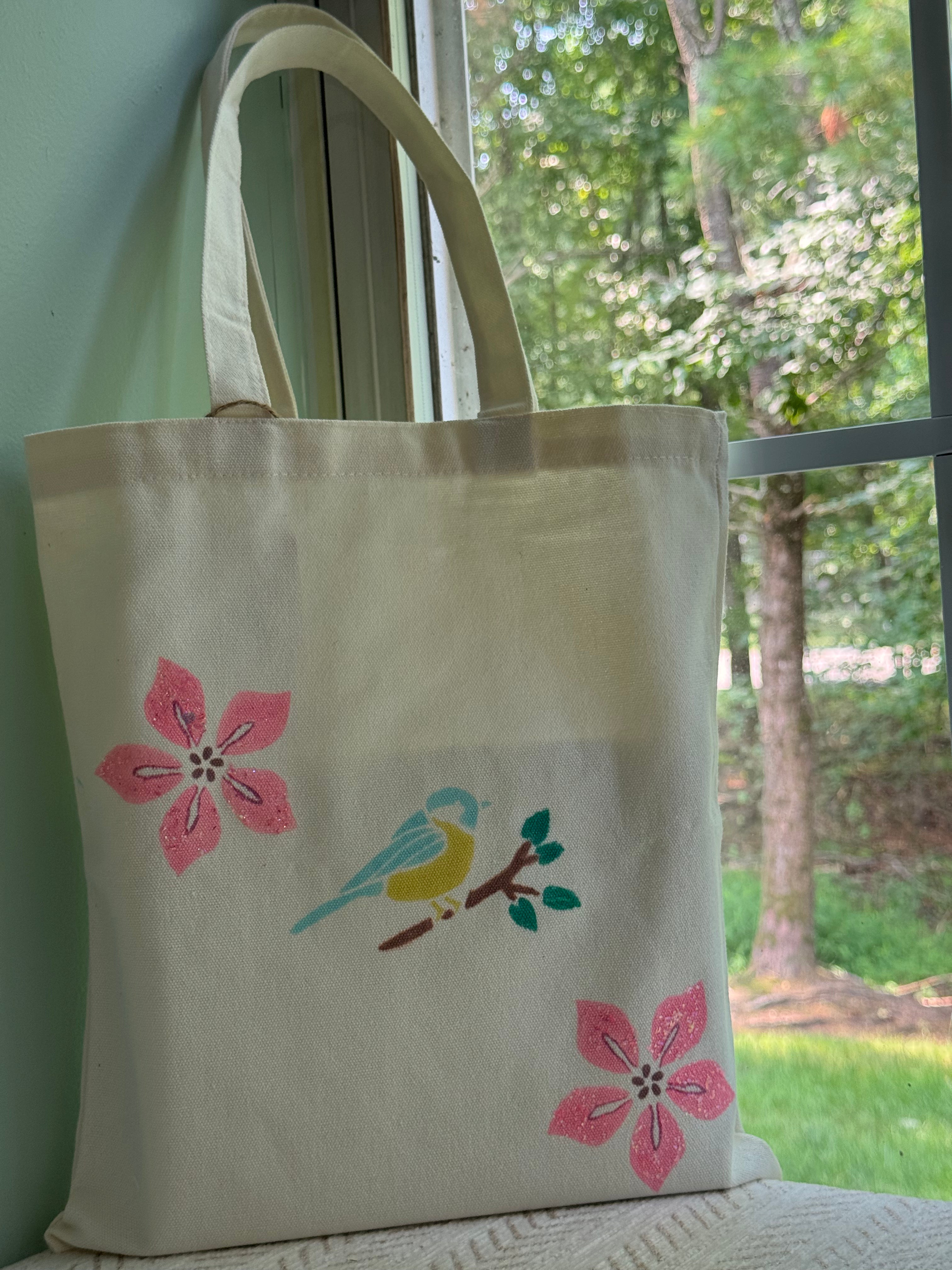 Songbird & Pink Floral Canvas Tote Bag