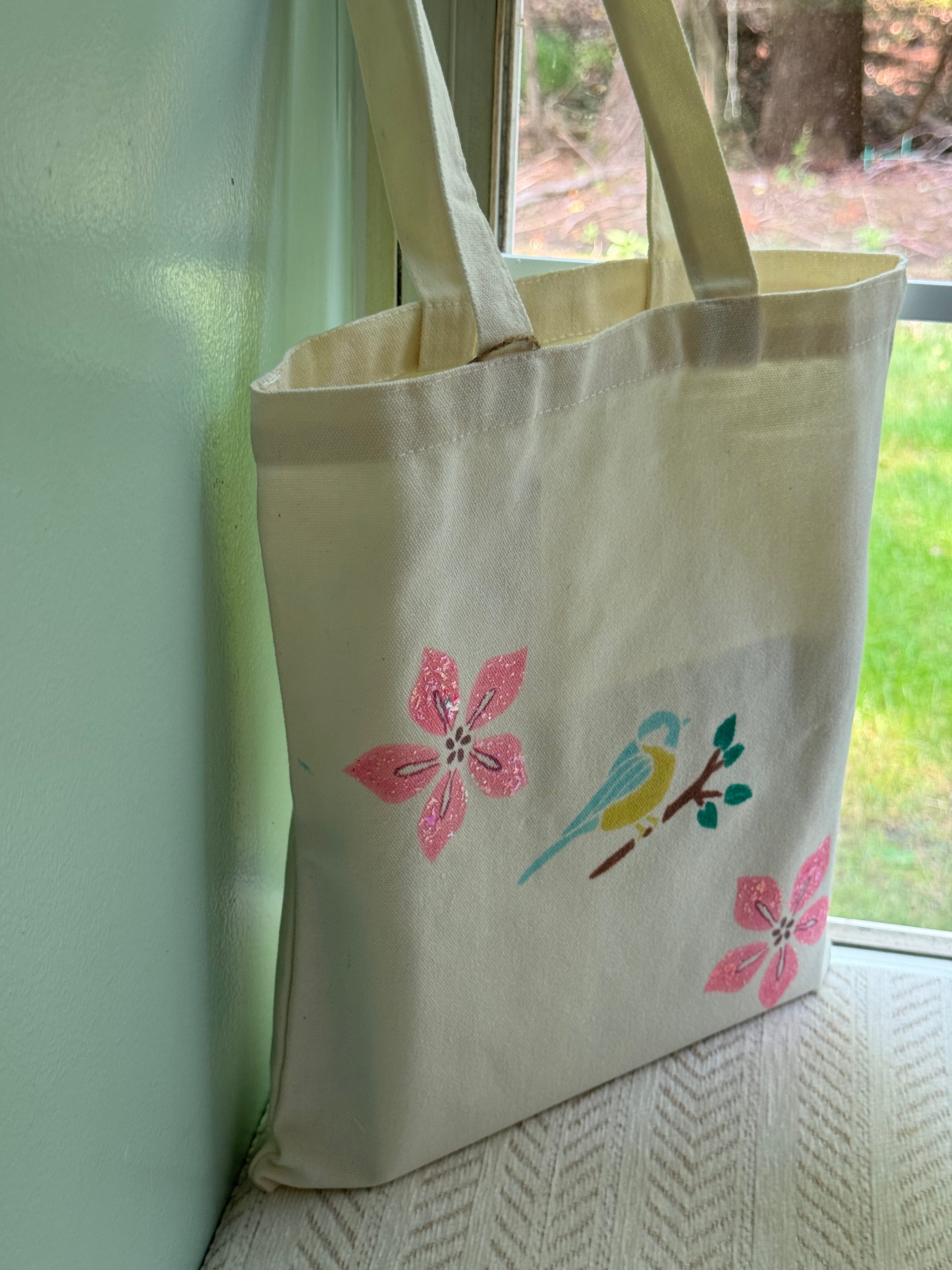 Songbird & Pink Floral Canvas Tote Bag