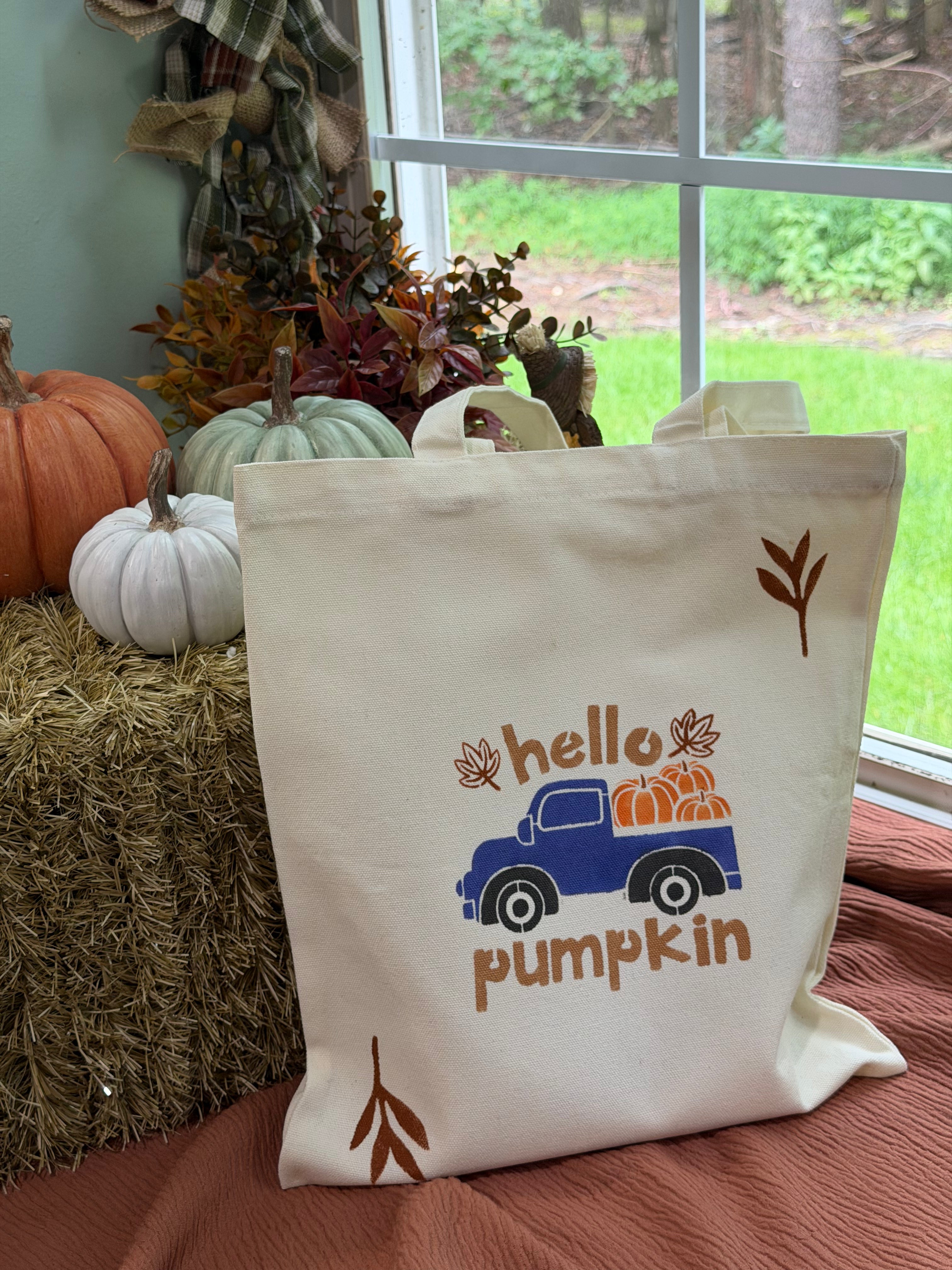 Hello Pumpkin Blue Truck Canvas Tote Bag