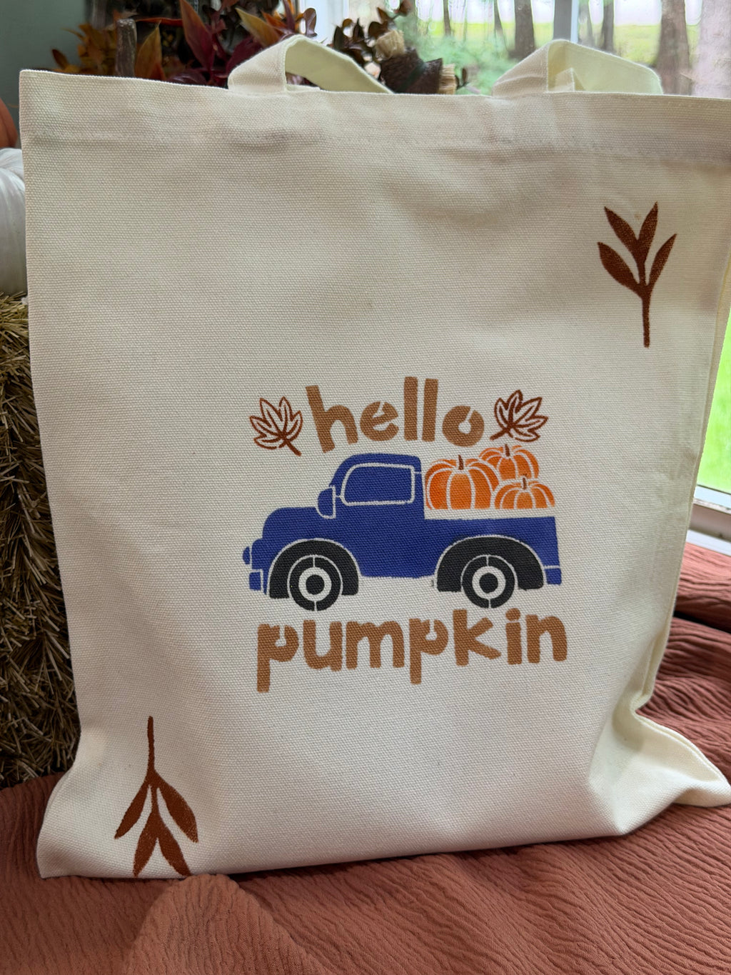 Hello Pumpkin Blue Truck Canvas Tote Bag