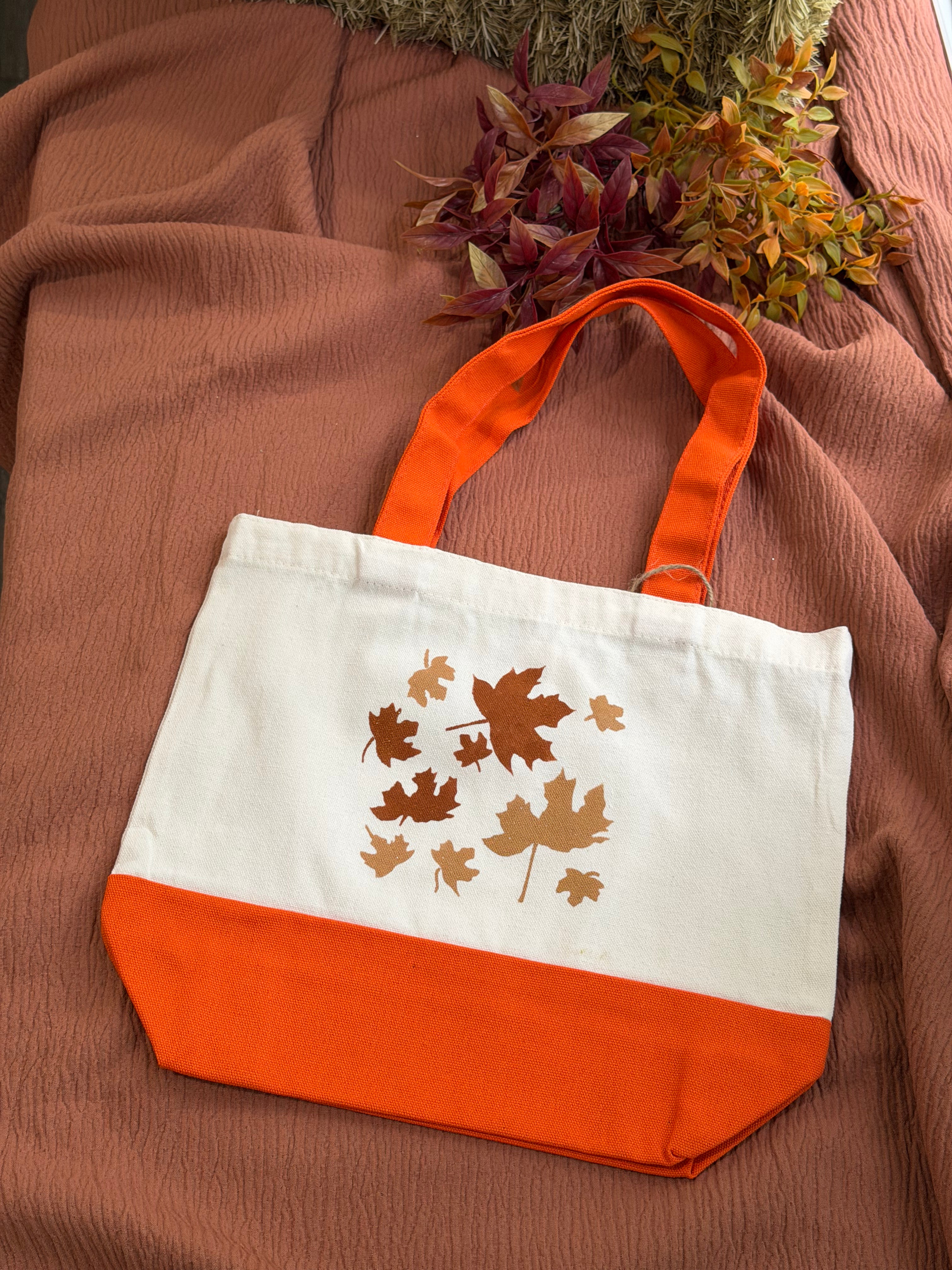 Fall Vibe Canvas Tote Bag, Leaf Pattern & Orange Handles