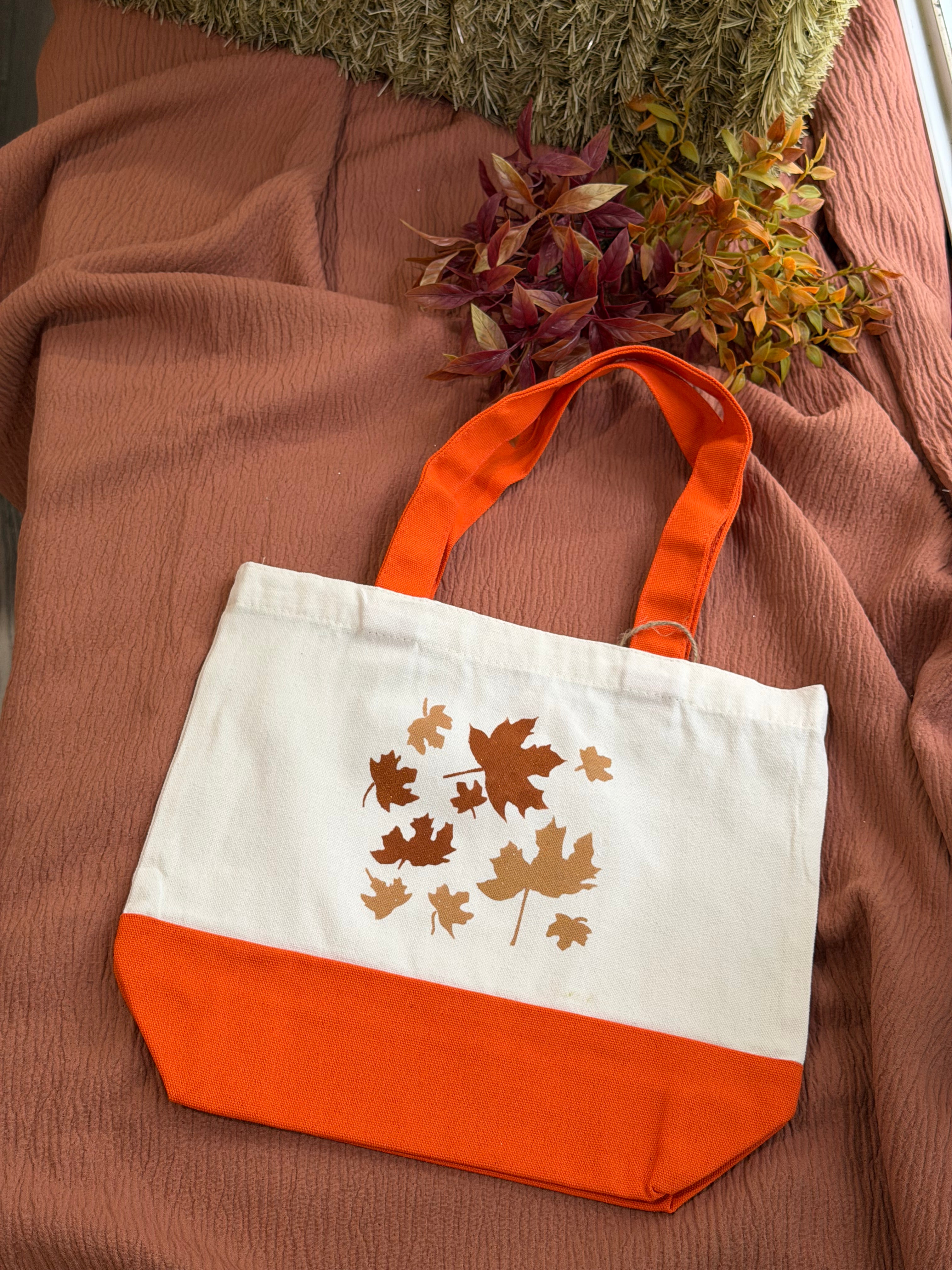 Fall Vibe Canvas Tote Bag, Leaf Pattern & Orange Handles