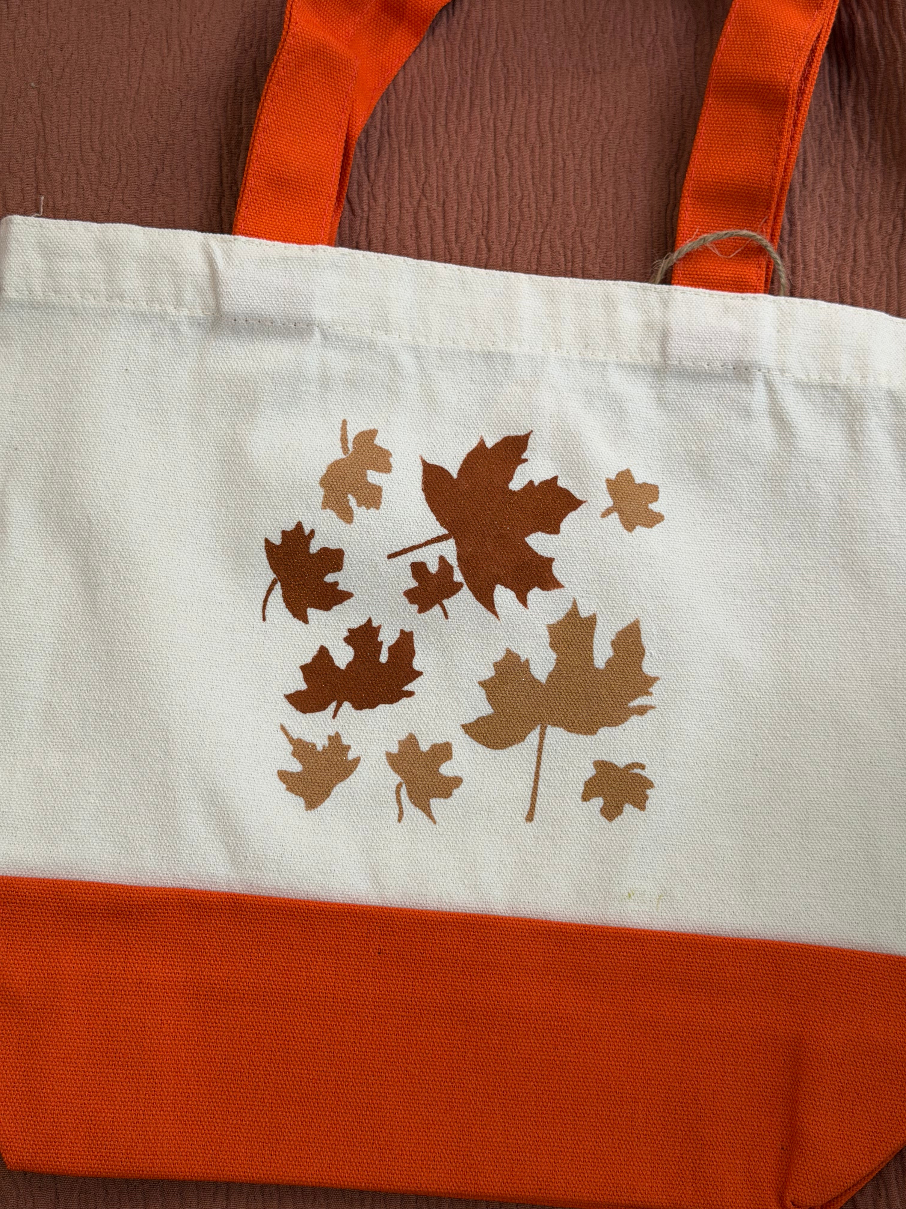 Fall Vibe Canvas Tote Bag, Leaf Pattern & Orange Handles