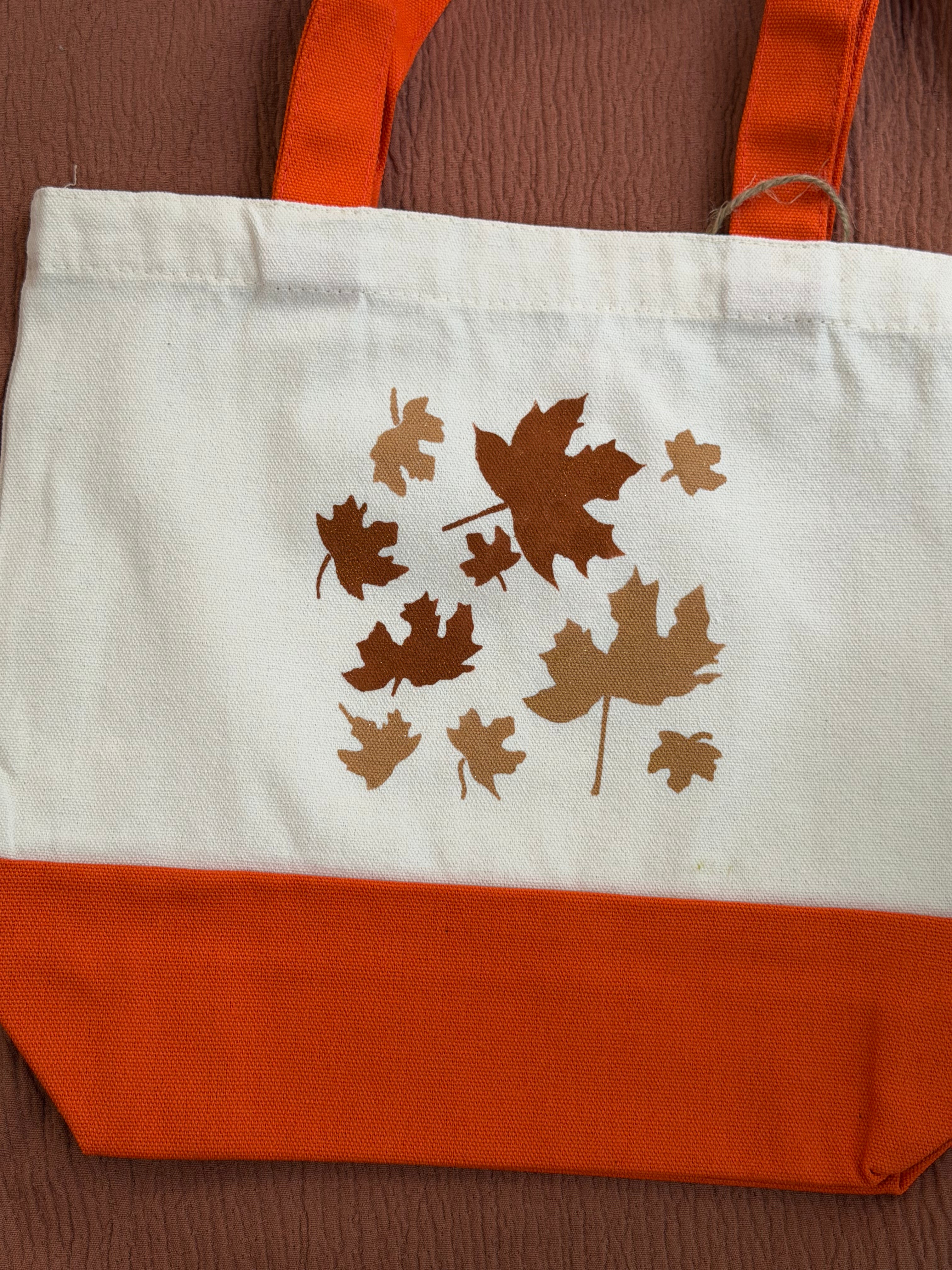 Fall Vibe Canvas Tote Bag, Leaf Pattern & Orange Handles