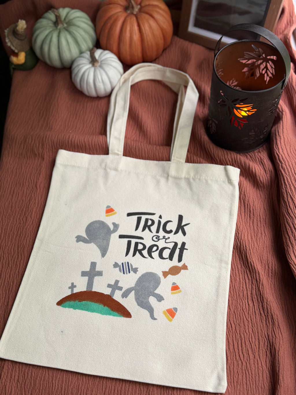 Trick or Treat Canvas Tote Bag with Cute Ghosts & Candy Corn