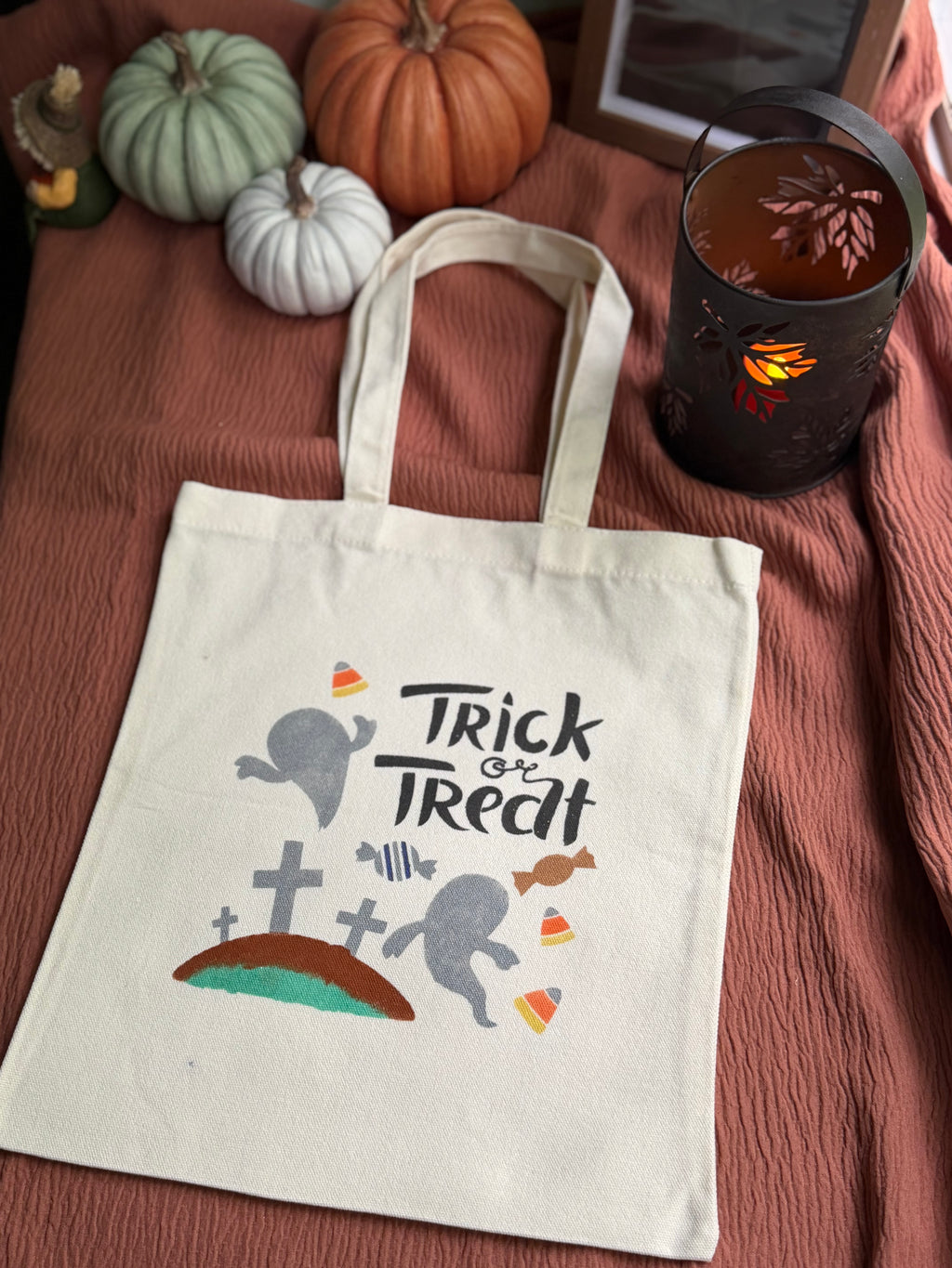 Trick or Treat Canvas Tote Bag with Cute Ghosts & Candy Corn