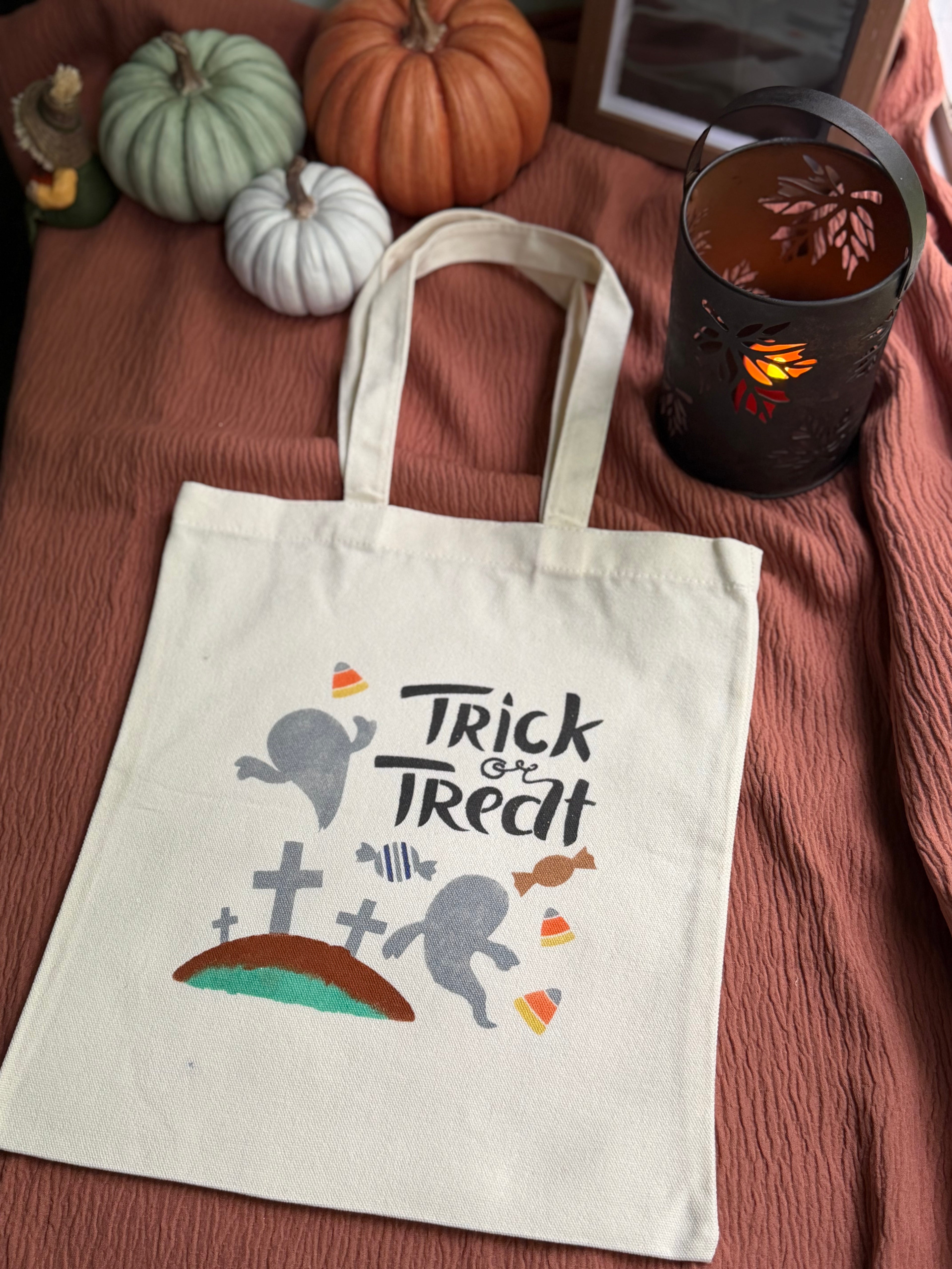 Trick or Treat Canvas Tote Bag with Cute Ghosts & Candy Corn
