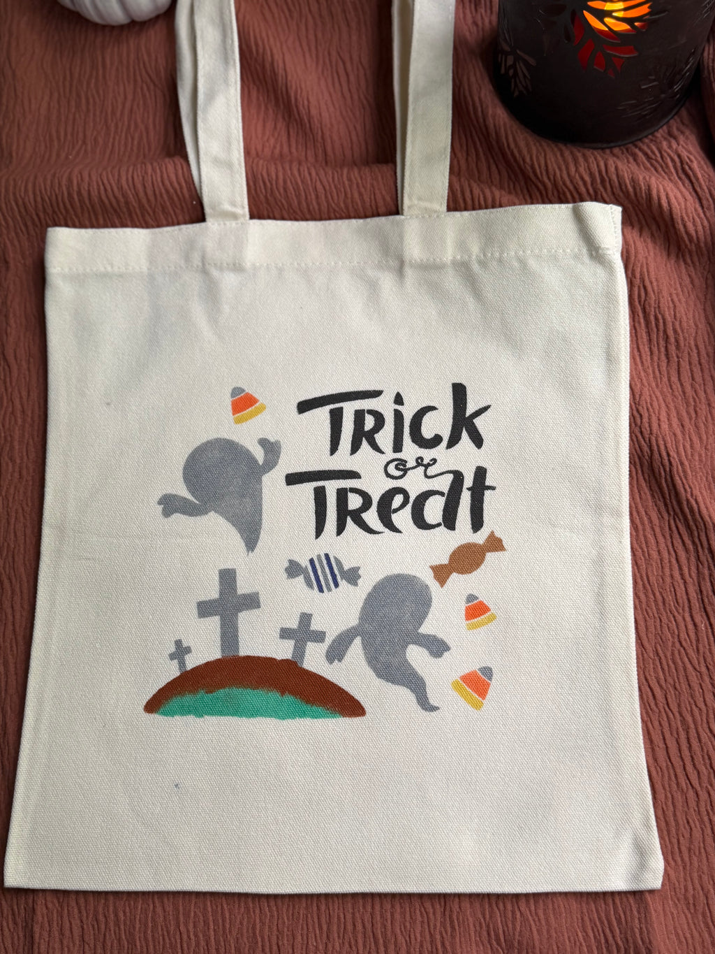 Trick or Treat Canvas Tote Bag with Cute Ghosts & Candy Corn