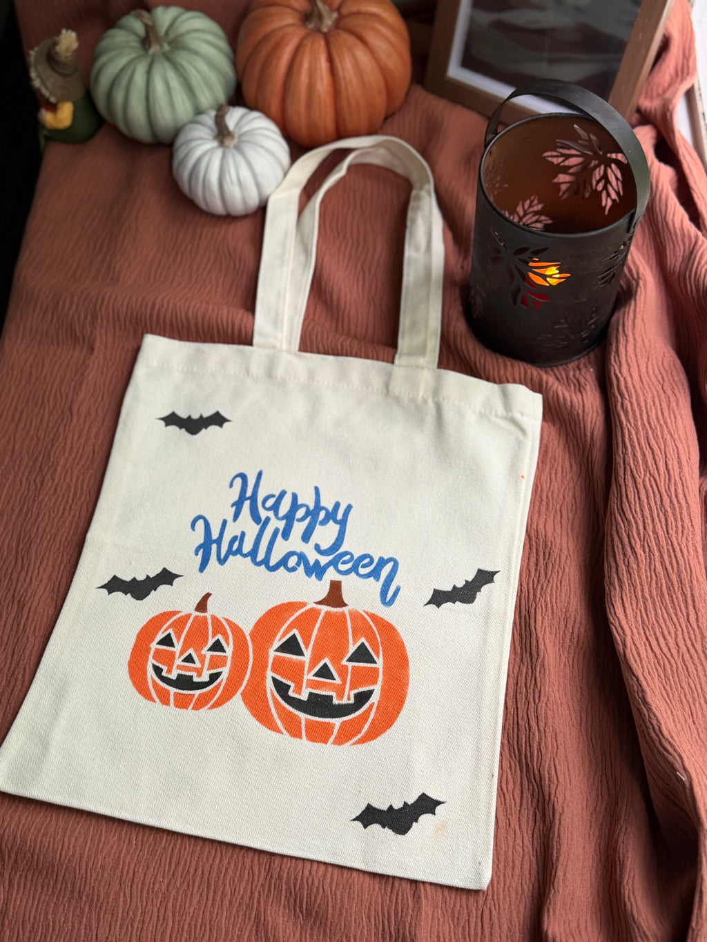 Happy Halloween Canvas Tote Bag with Pumpkin Jack-o'-Lanterns & Flying Bats