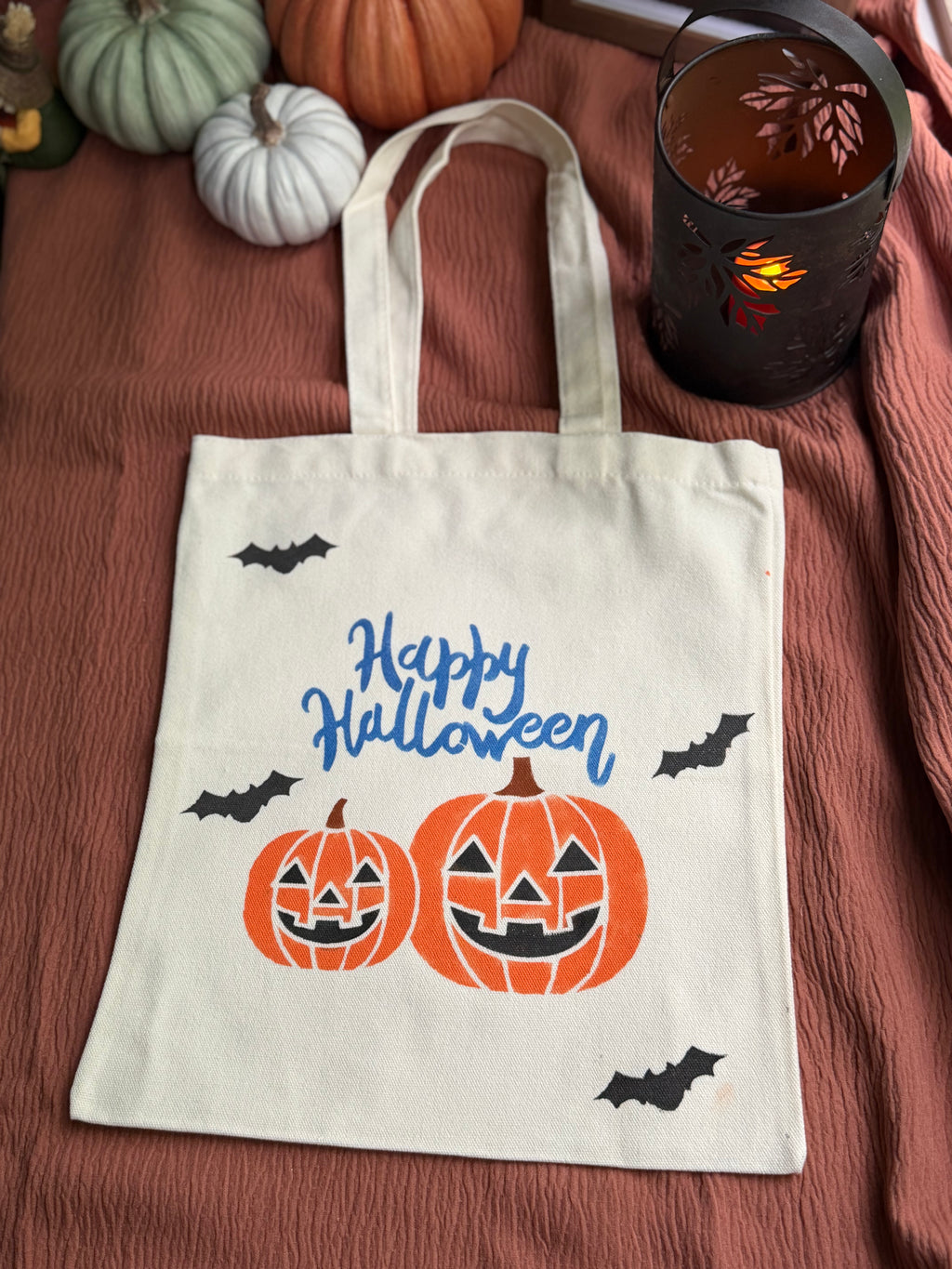 Happy Halloween Canvas Tote Bag with Pumpkin Jack-o'-Lanterns & Flying Bats