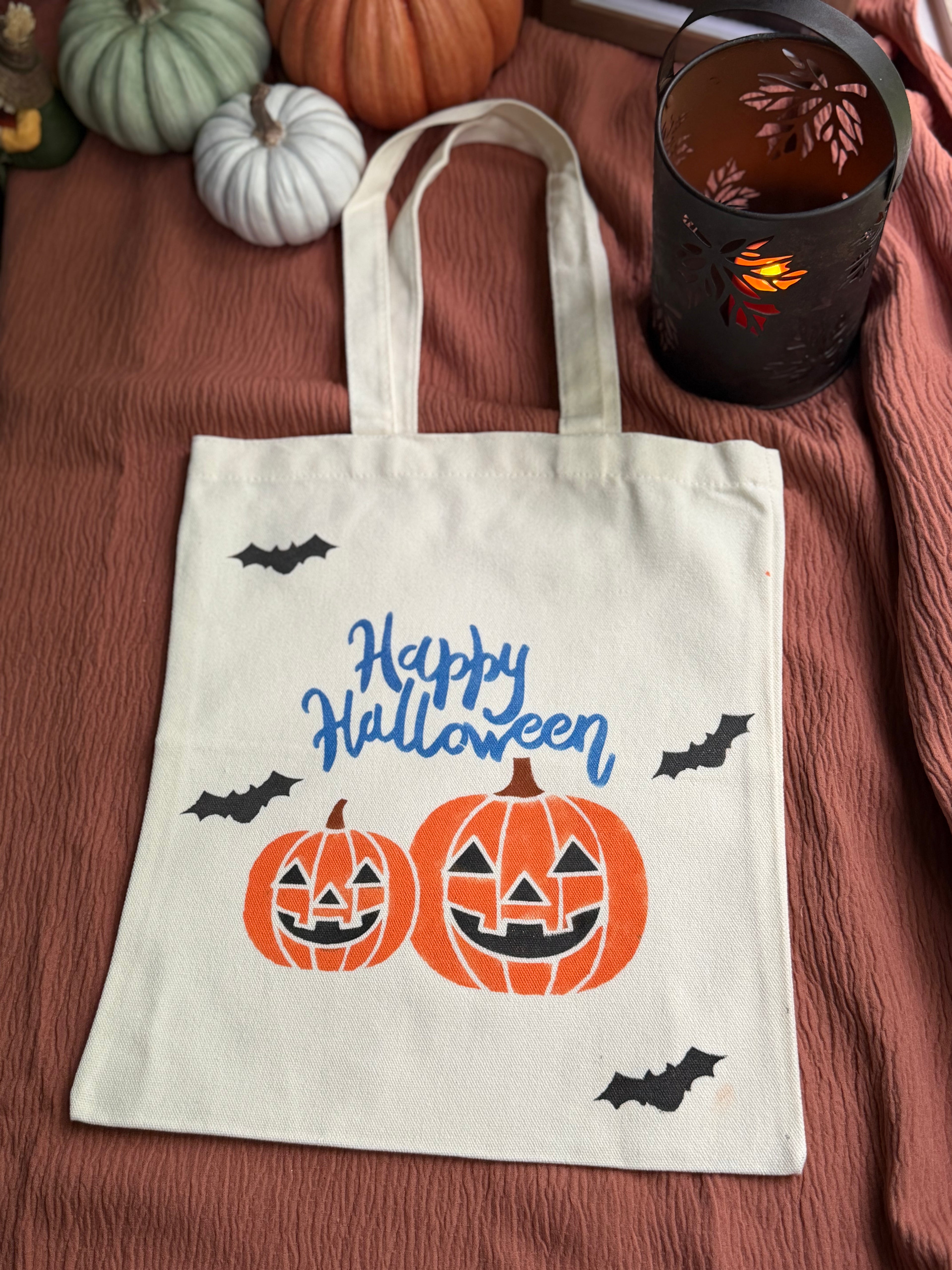 Happy Halloween Canvas Tote Bag with Pumpkin Jack-o'-Lanterns & Flying Bats