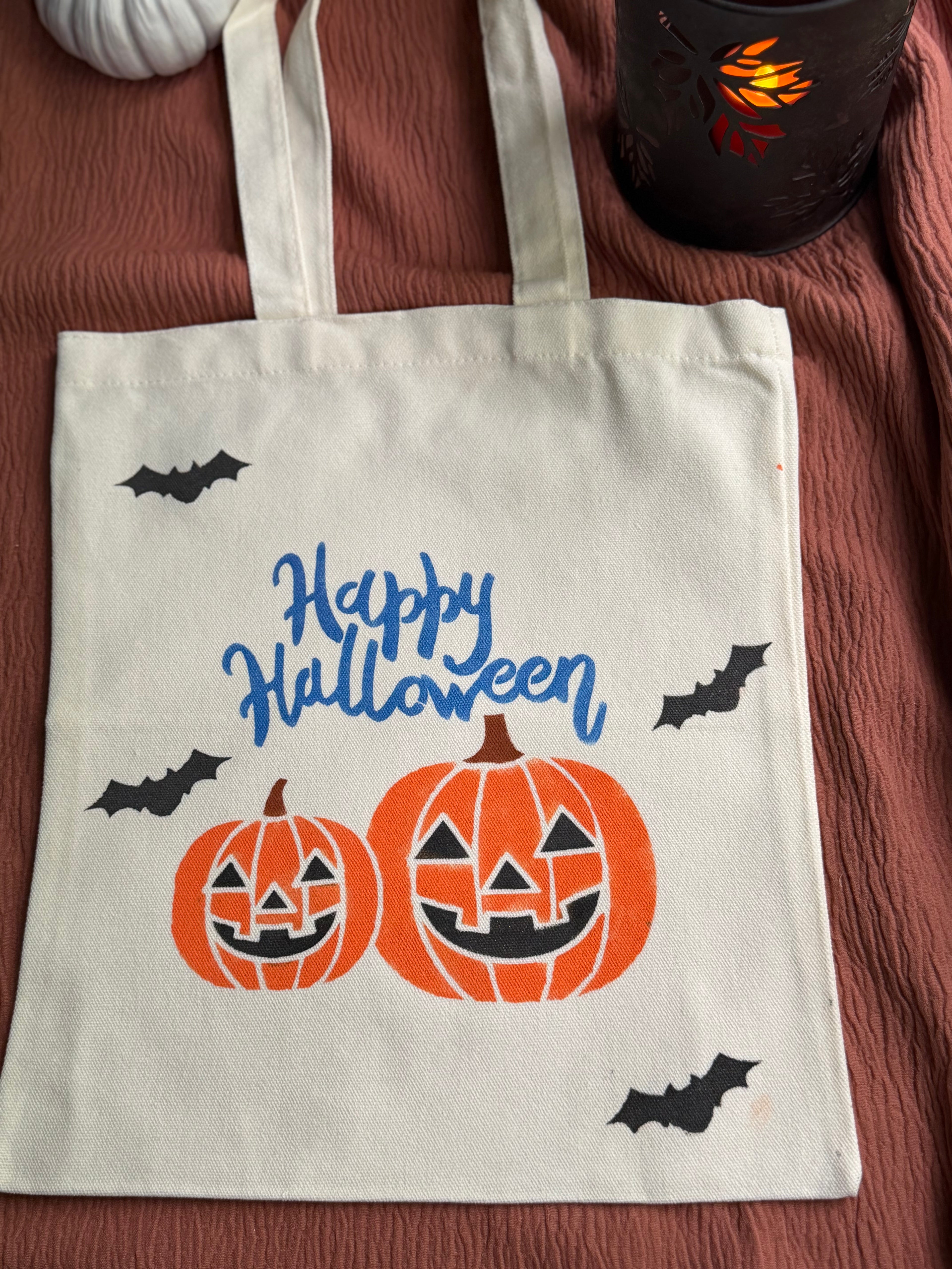Happy Halloween Canvas Tote Bag with Pumpkin Jack-o'-Lanterns & Flying Bats