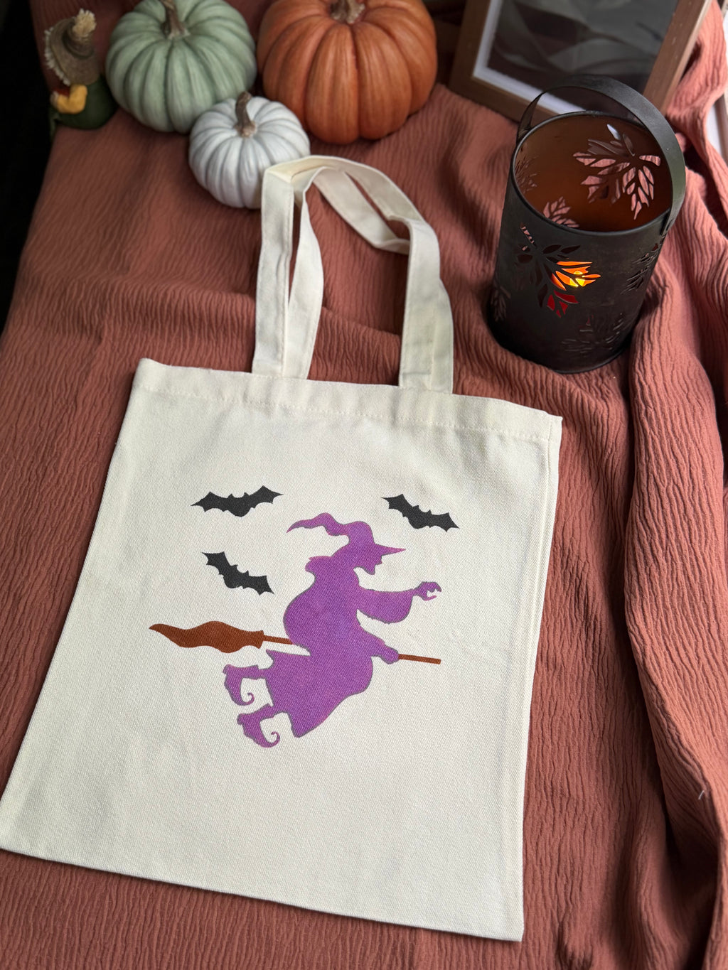 Flying Witch Canvas Tote Bag with Broomstick & Bats