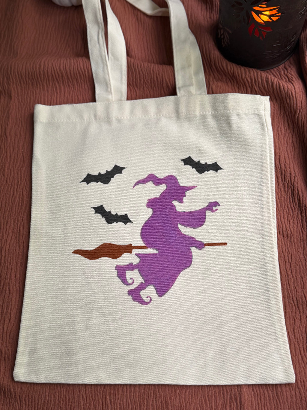 Flying Witch Canvas Tote Bag with Broomstick & Bats