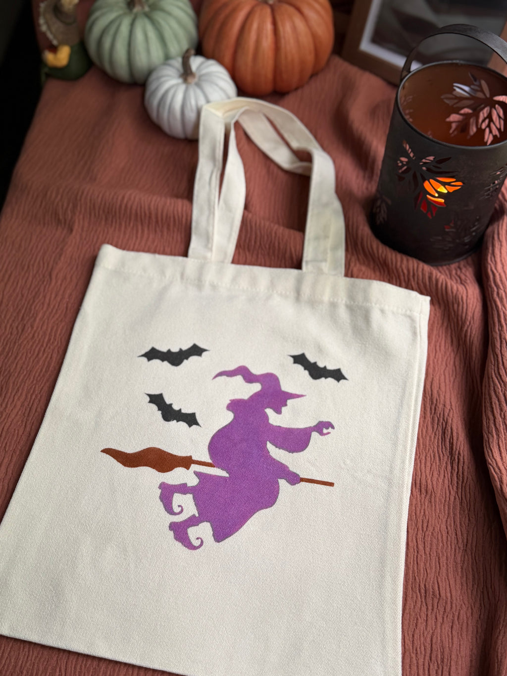 Flying Witch Canvas Tote Bag with Broomstick & Bats
