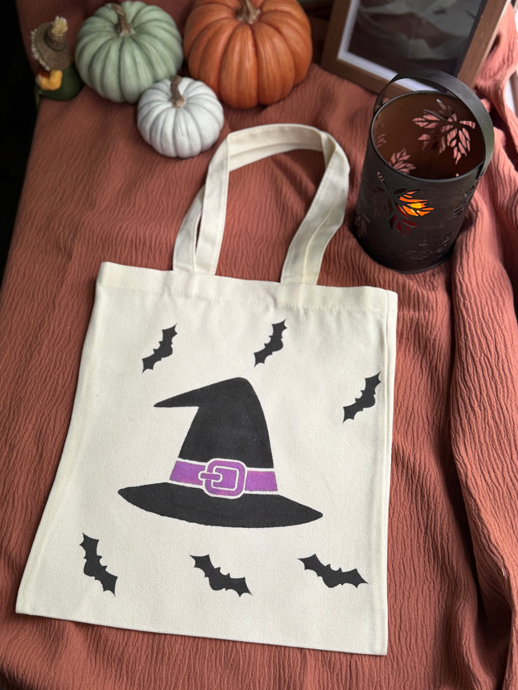 Witch Hat Canvas Tote Bag with Flying Bats Graphic