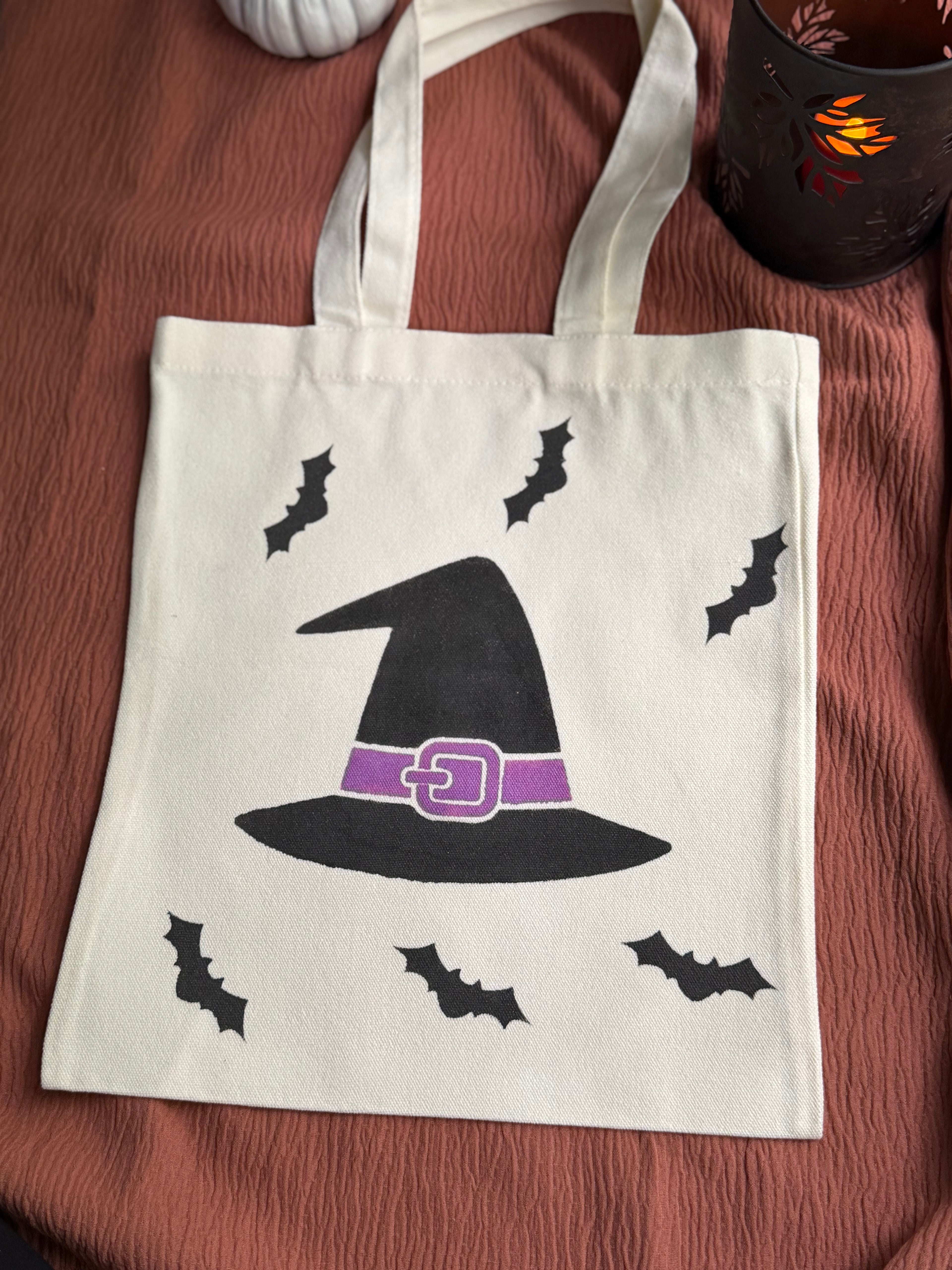 Witch Hat Canvas Tote Bag with Flying Bats Graphic