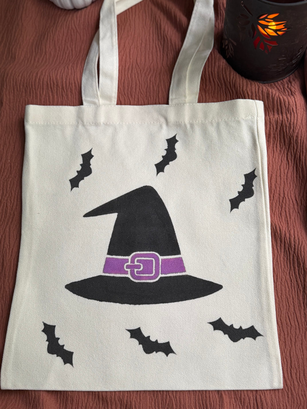 Witch Hat Canvas Tote Bag with Flying Bats Graphic