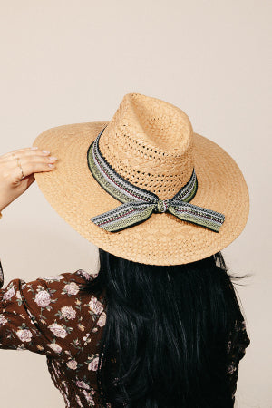 Boho Pattern Ribbon Straw Braided Hat