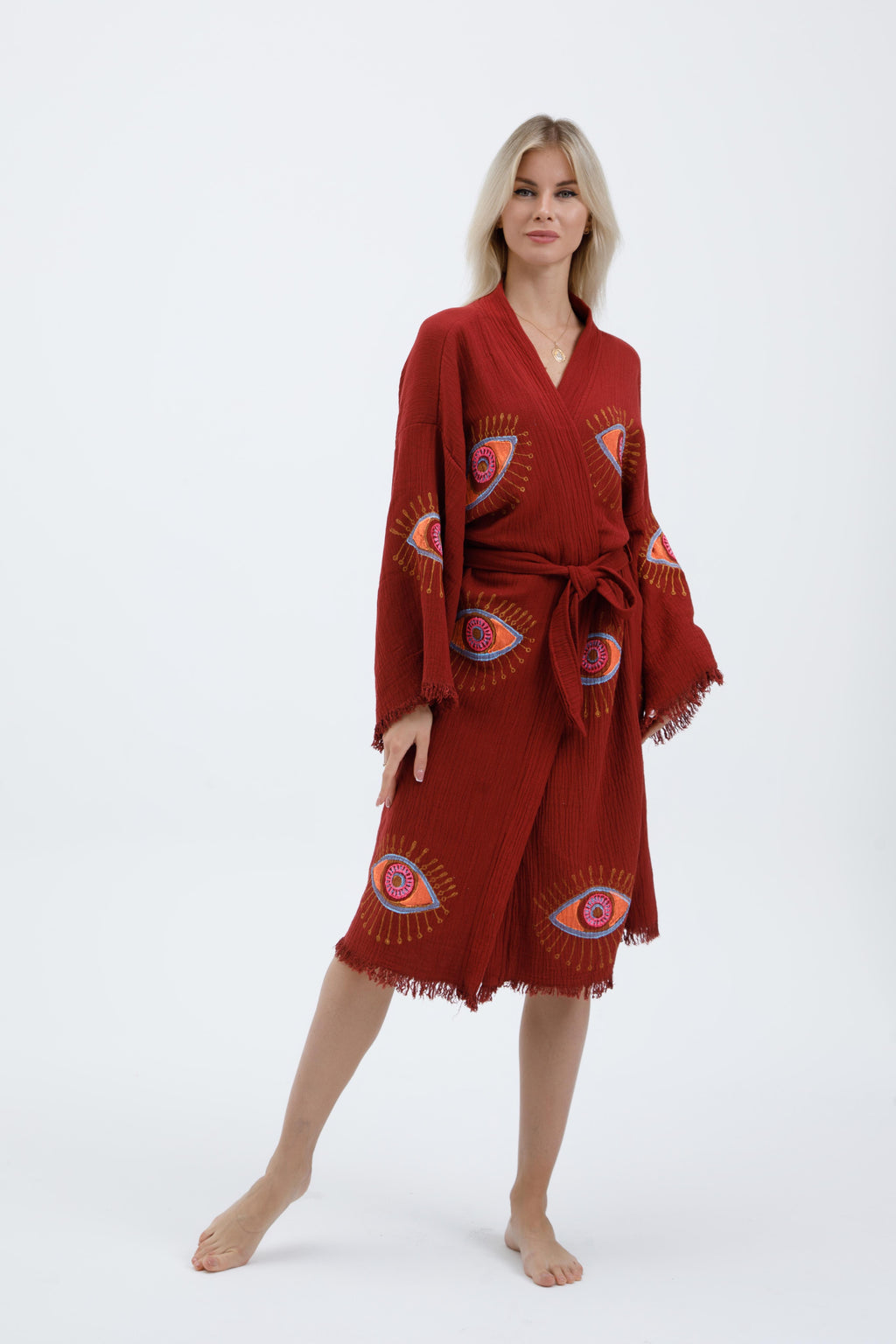 Terracotta Mystic Eye Hand-Print Kimono