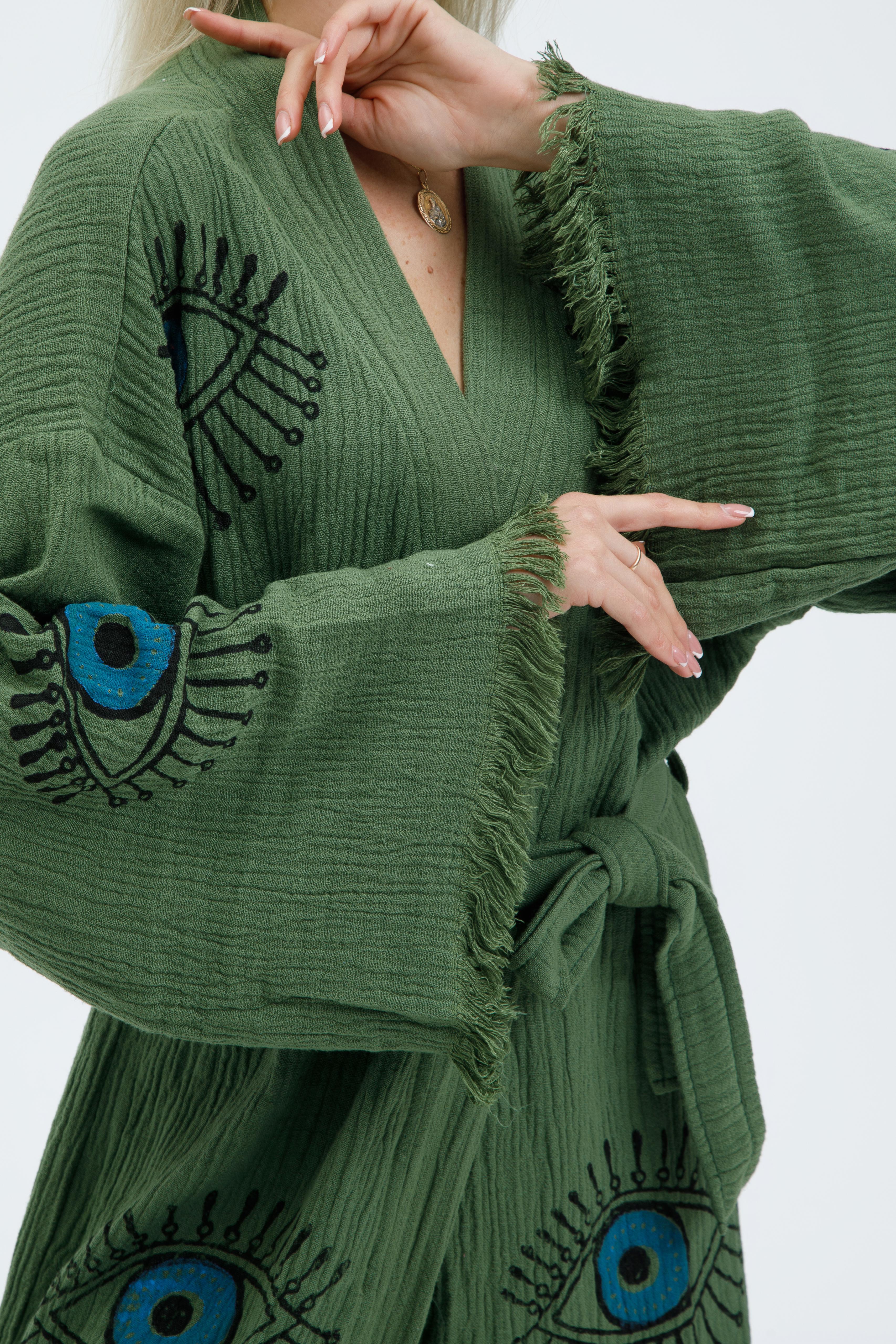 Sage Green Mystic Eye Hand-Print Kimono