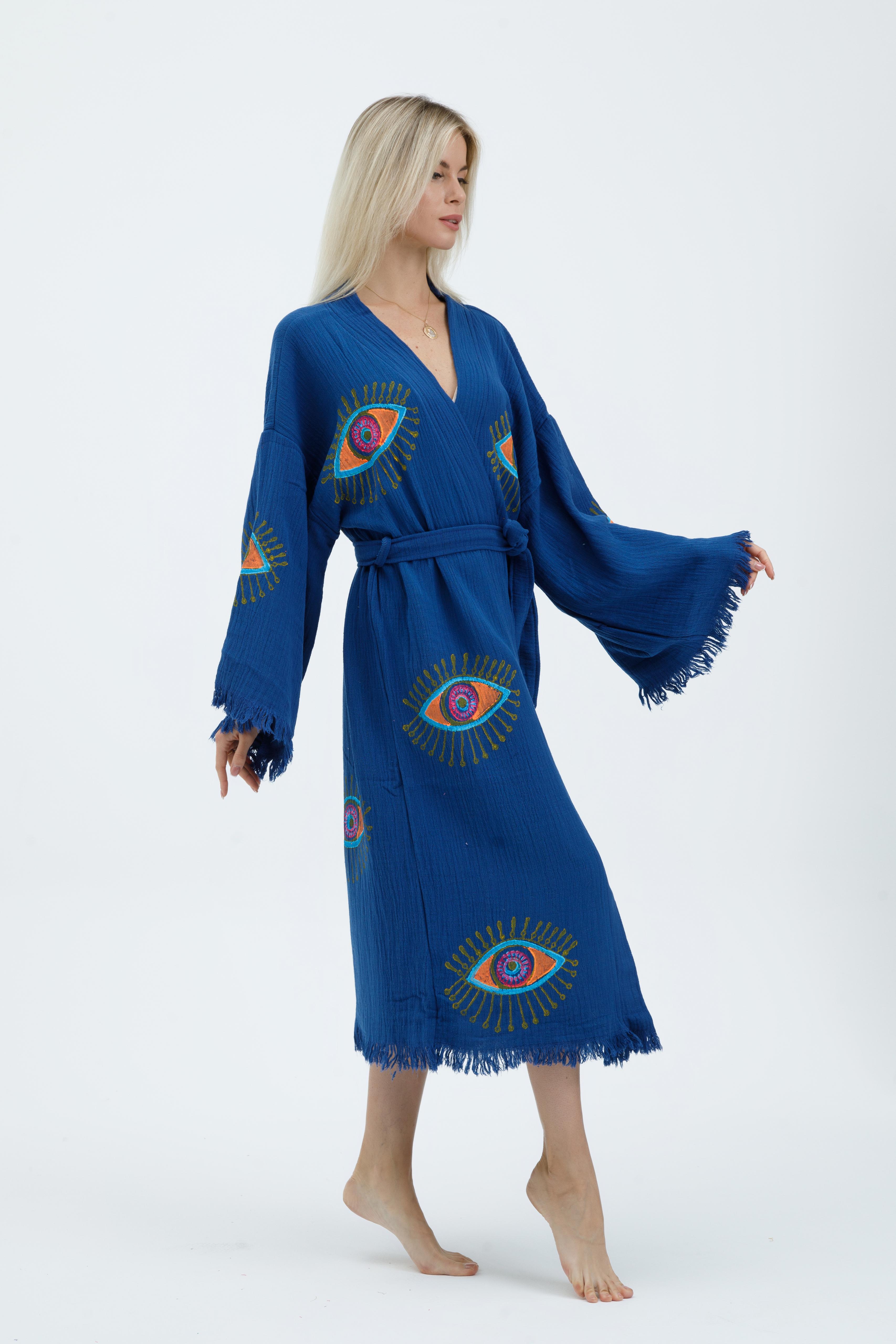Indigo Mystic Eye Hand-Print Kimono