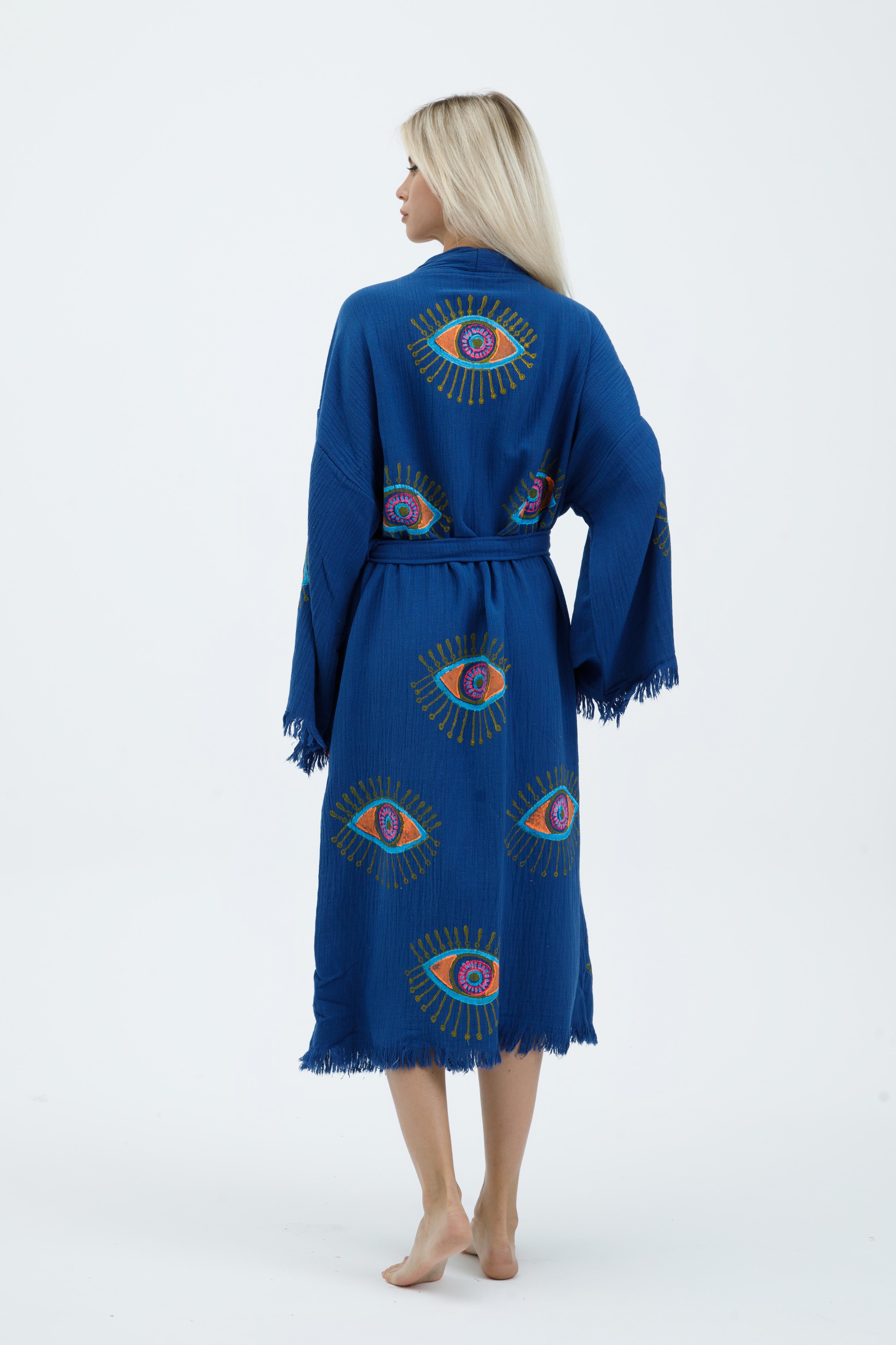 Indigo Mystic Eye Hand-Print Kimono