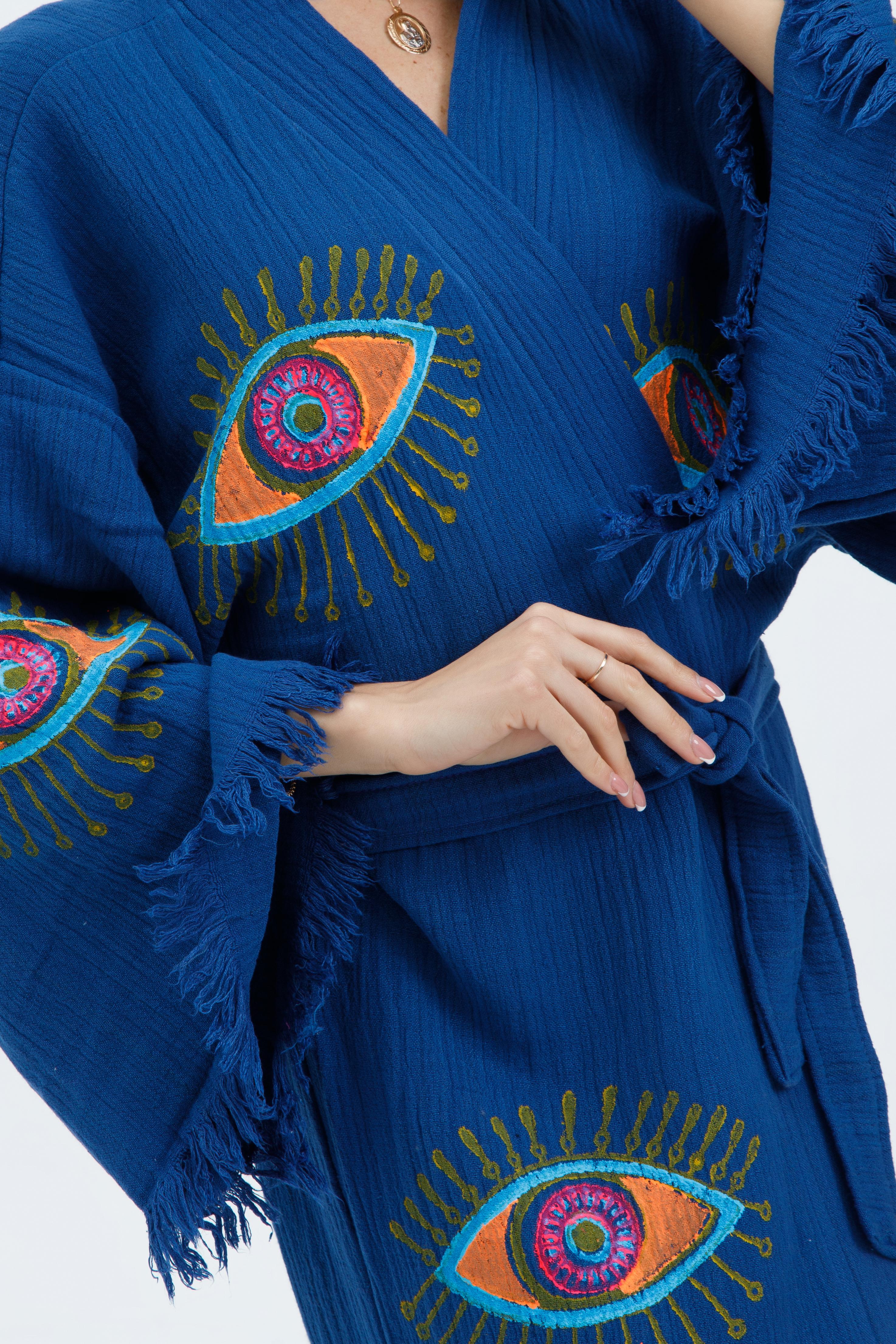 Indigo Mystic Eye Hand-Print Kimono