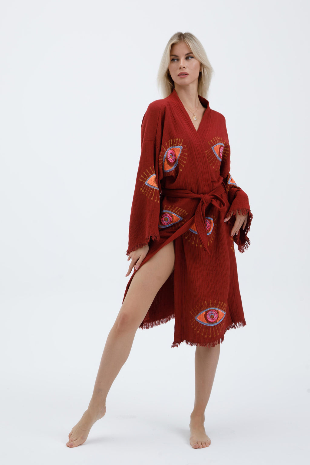 Terracotta Mystic Eye Hand-Print Kimono