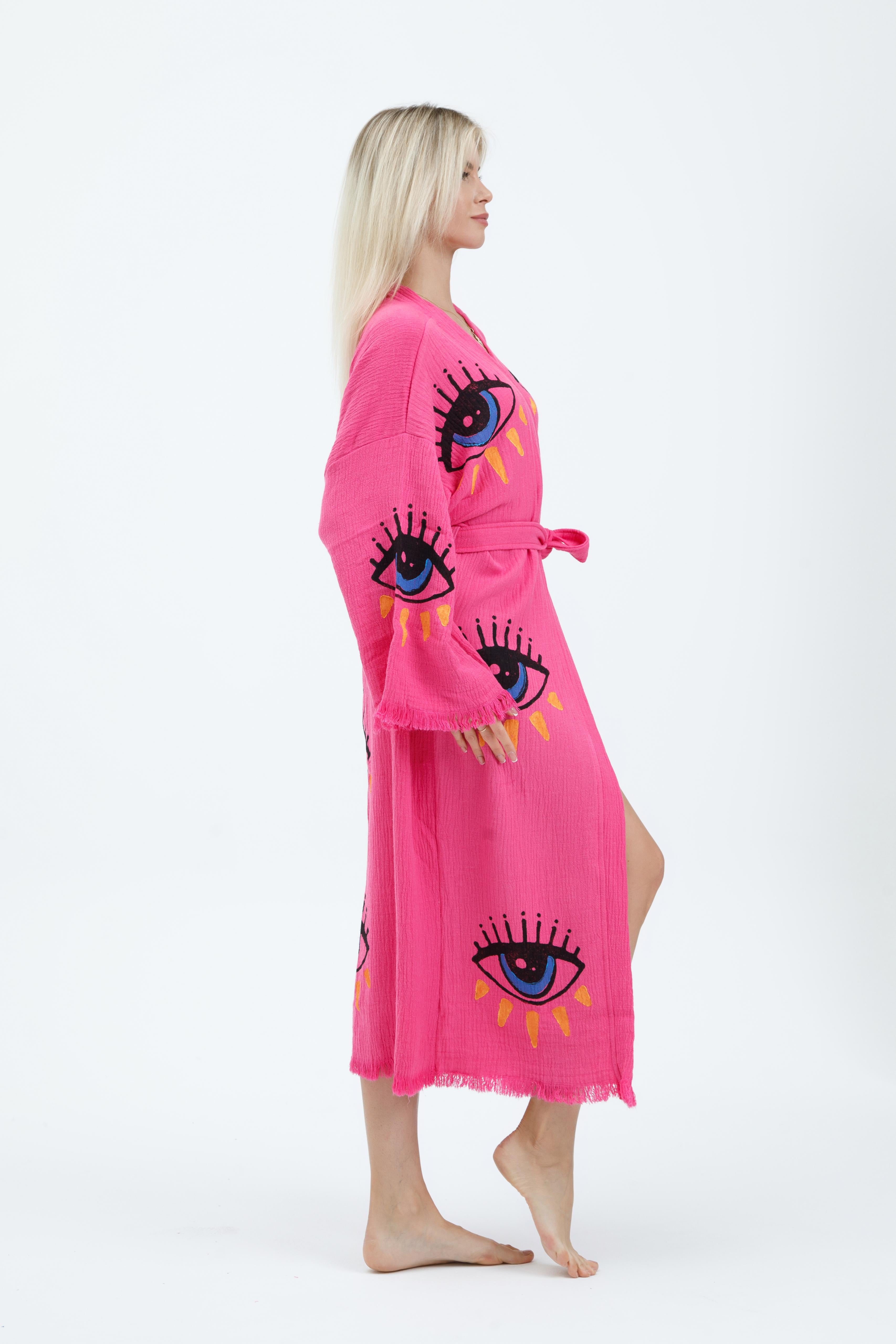 Electric Pink Mystic Eye Hand-Print Kimono