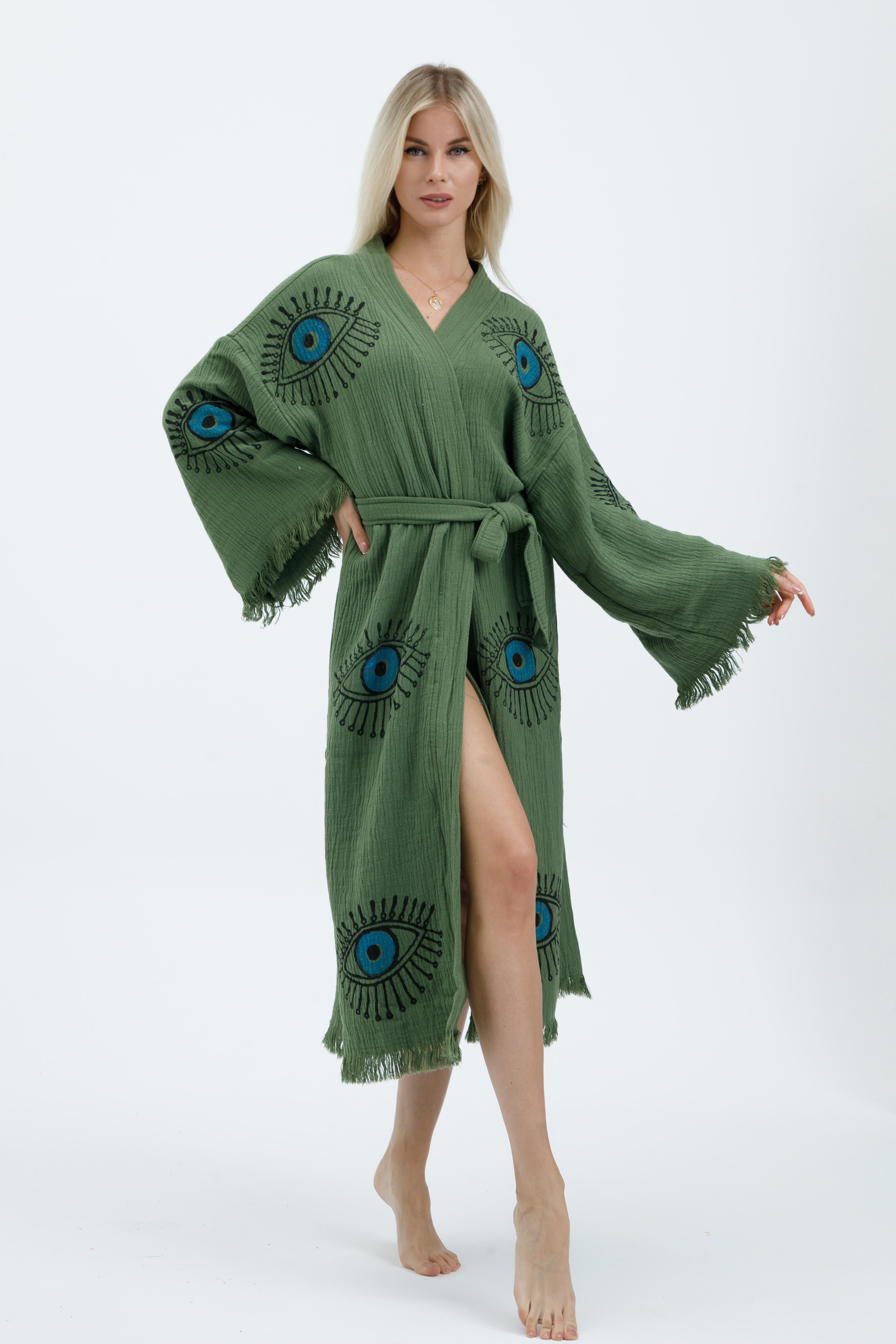 Sage Green Mystic Eye Hand-Print Kimono