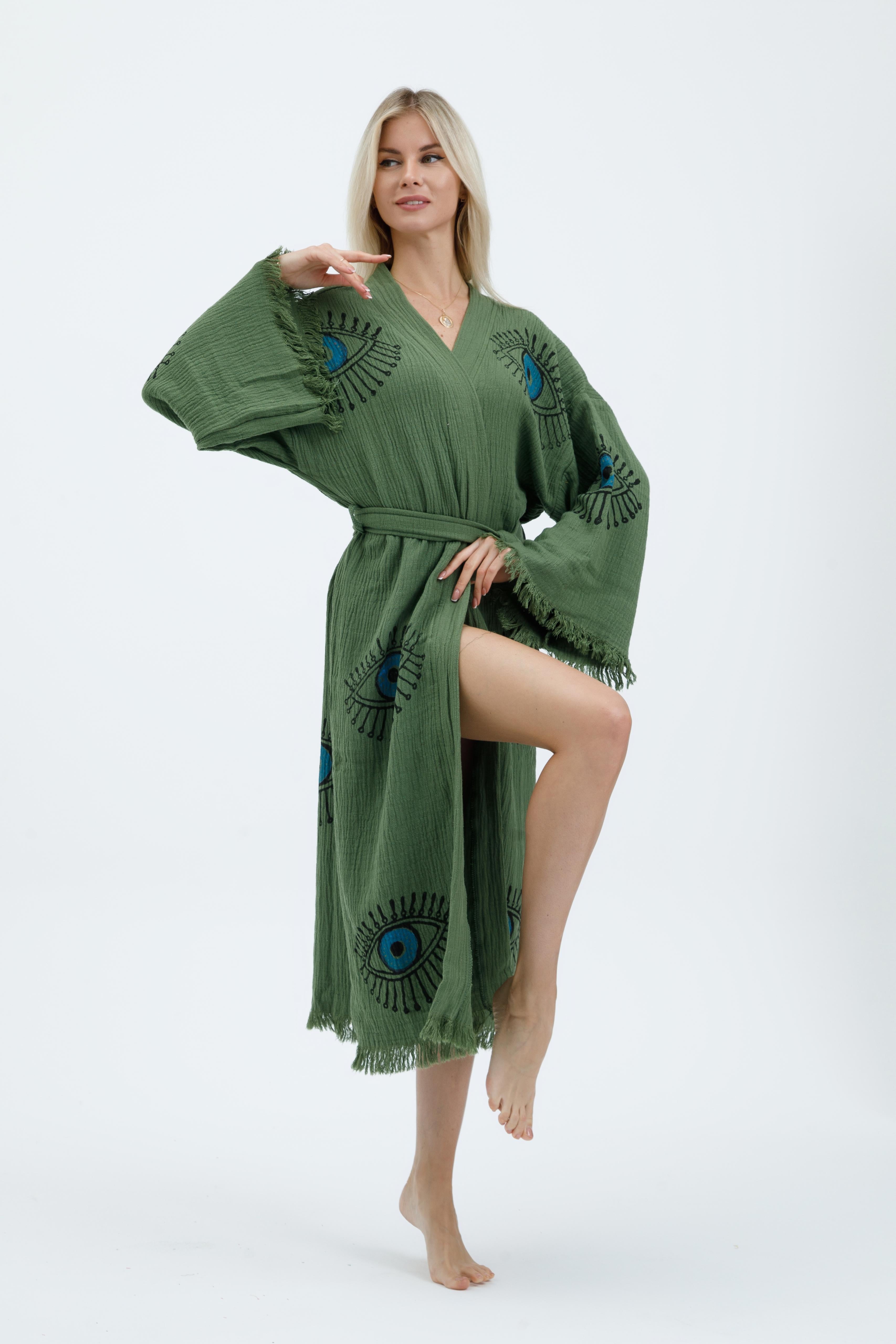 Sage Green Mystic Eye Hand-Print Kimono