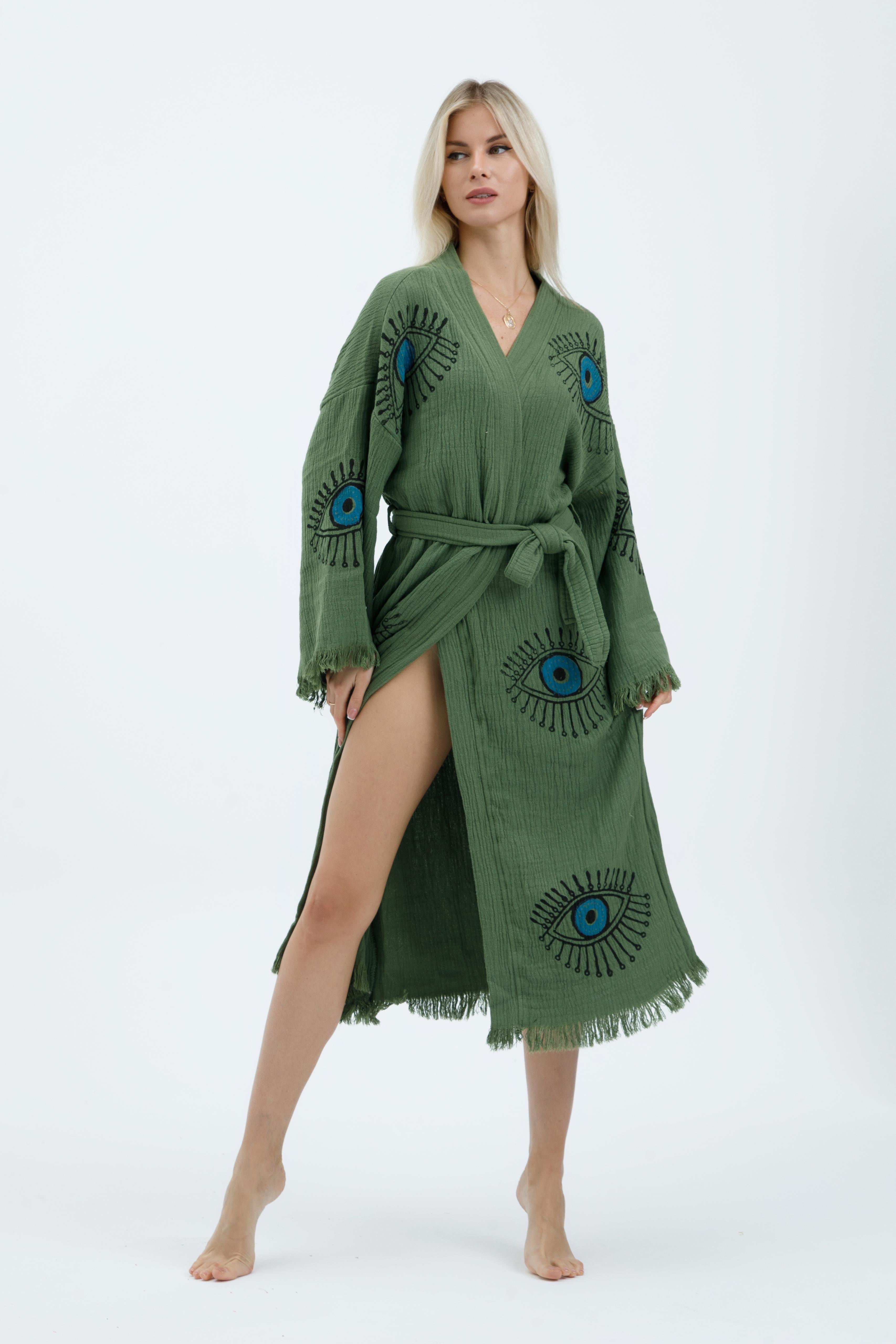 Sage Green Mystic Eye Hand-Print Kimono