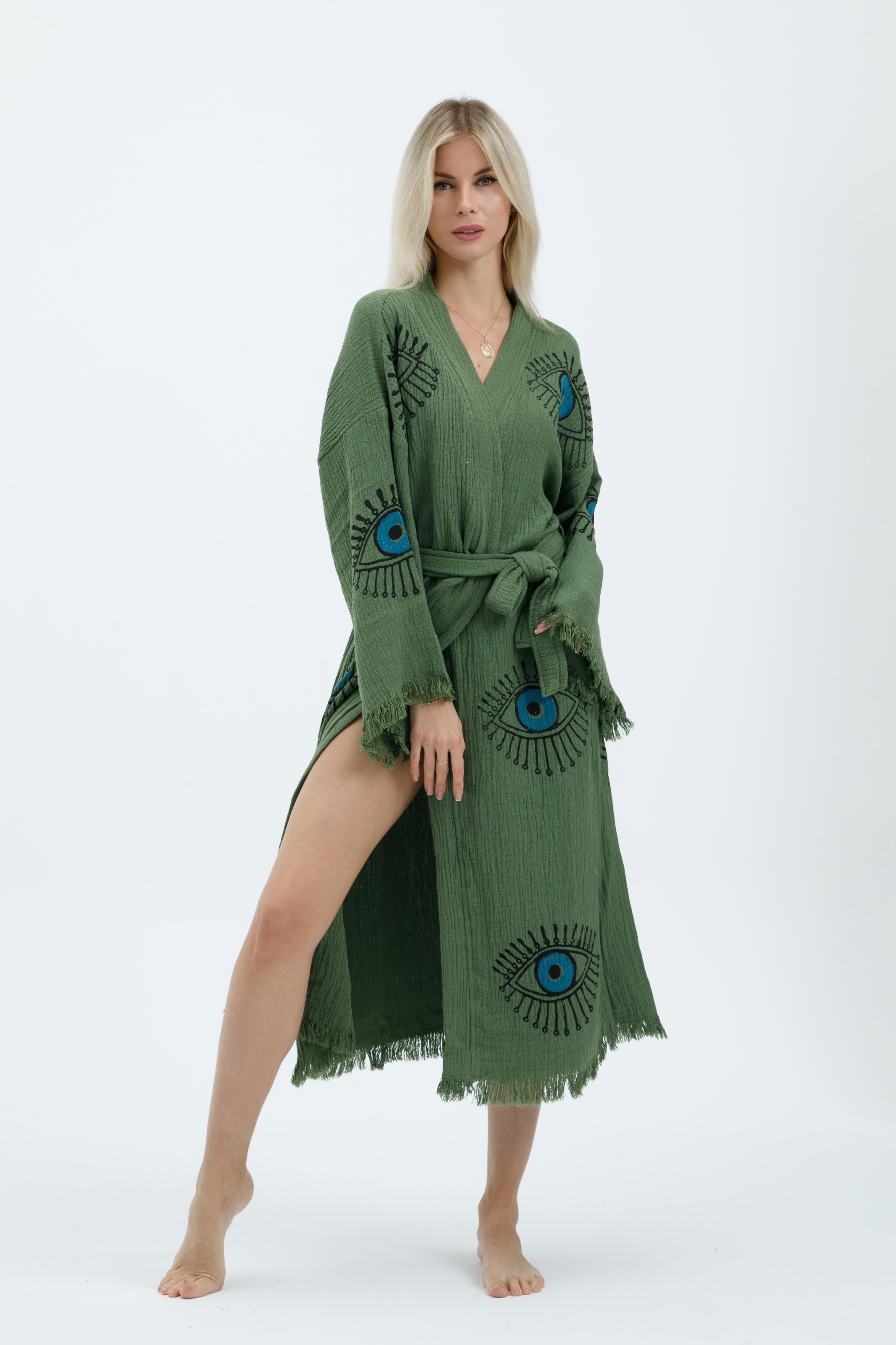 Sage Green Mystic Eye Hand-Print Kimono
