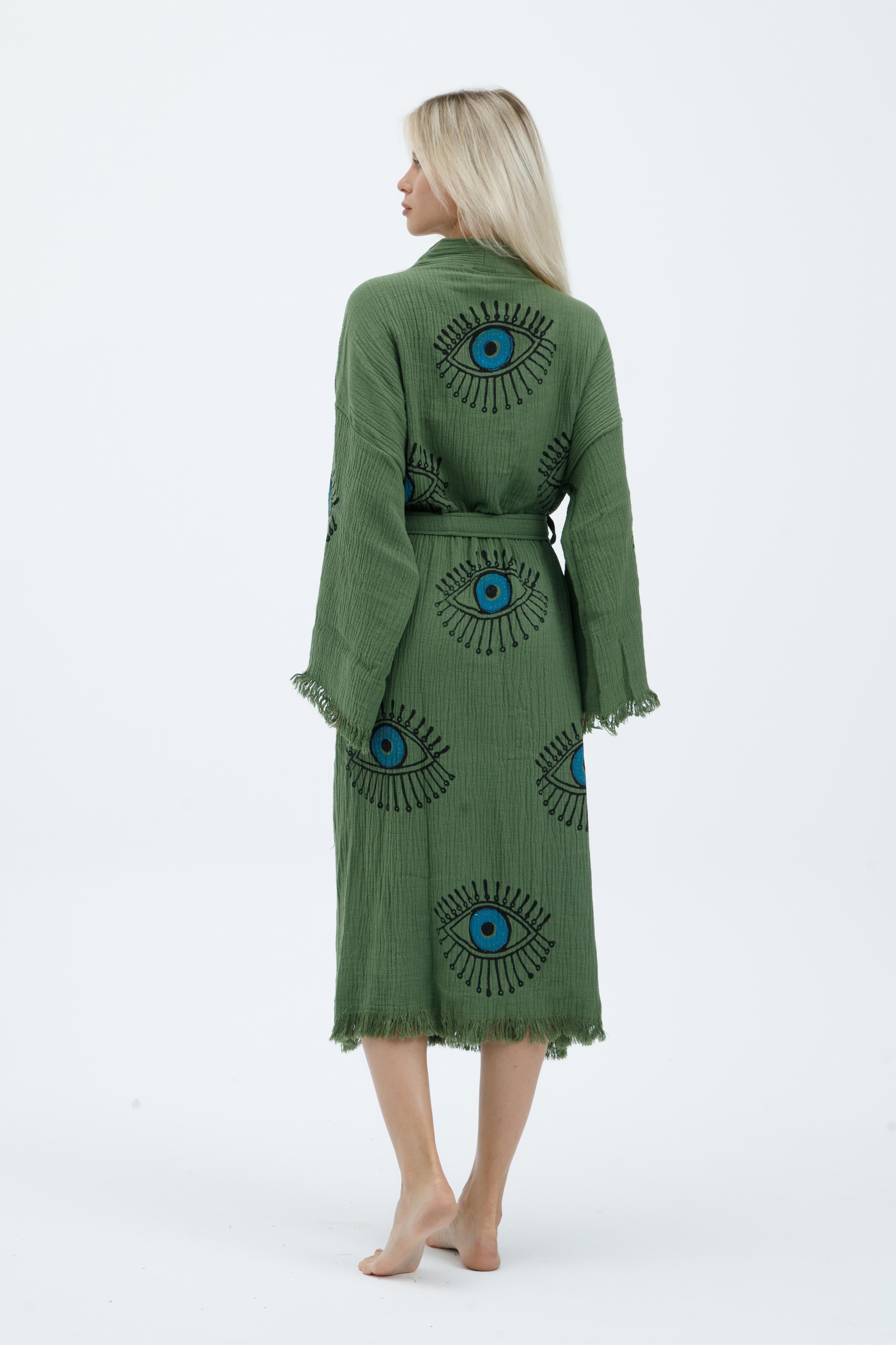 Sage Green Mystic Eye Hand-Print Kimono
