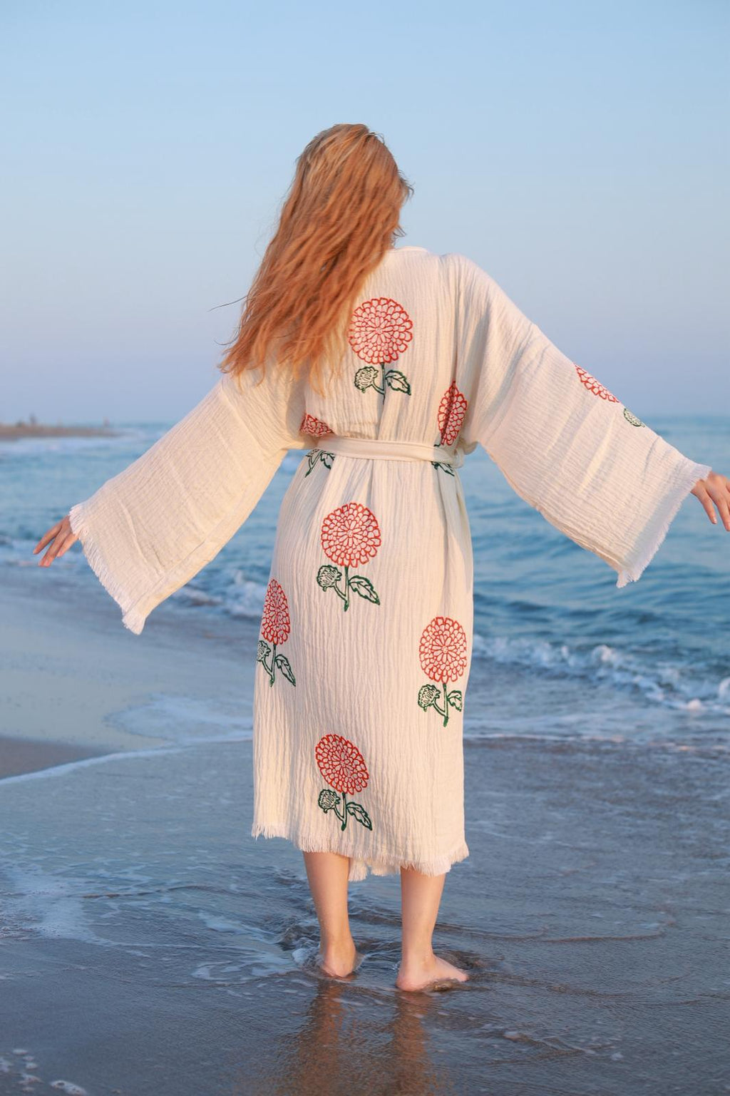 Crimson Bloom Hand-Print Muslin Kimono