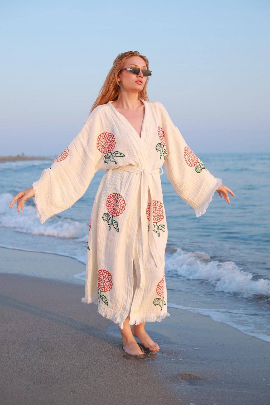 Crimson Bloom Hand-Print Muslin Kimono