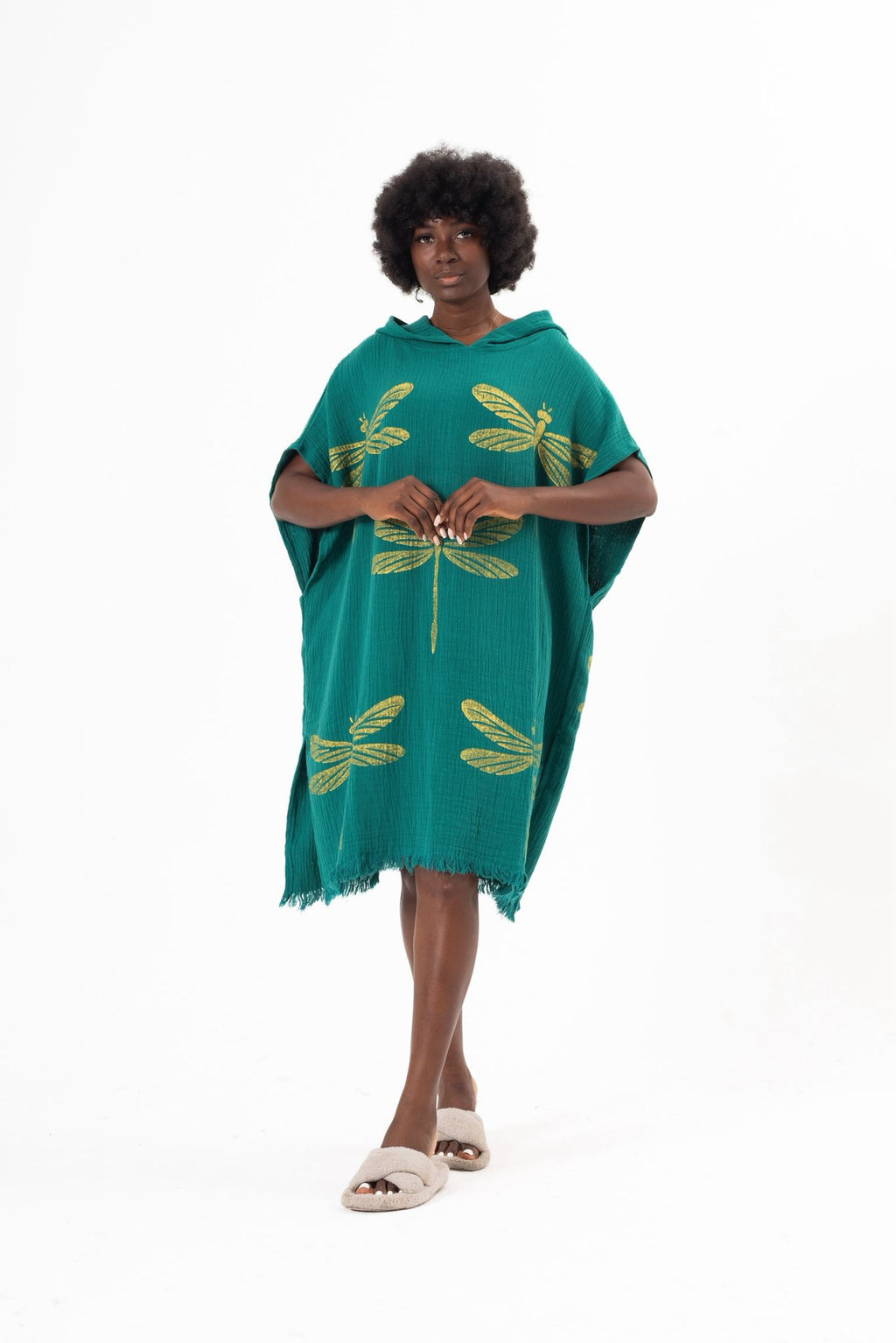Golden Dragonfly Hand-Print Hooded Poncho