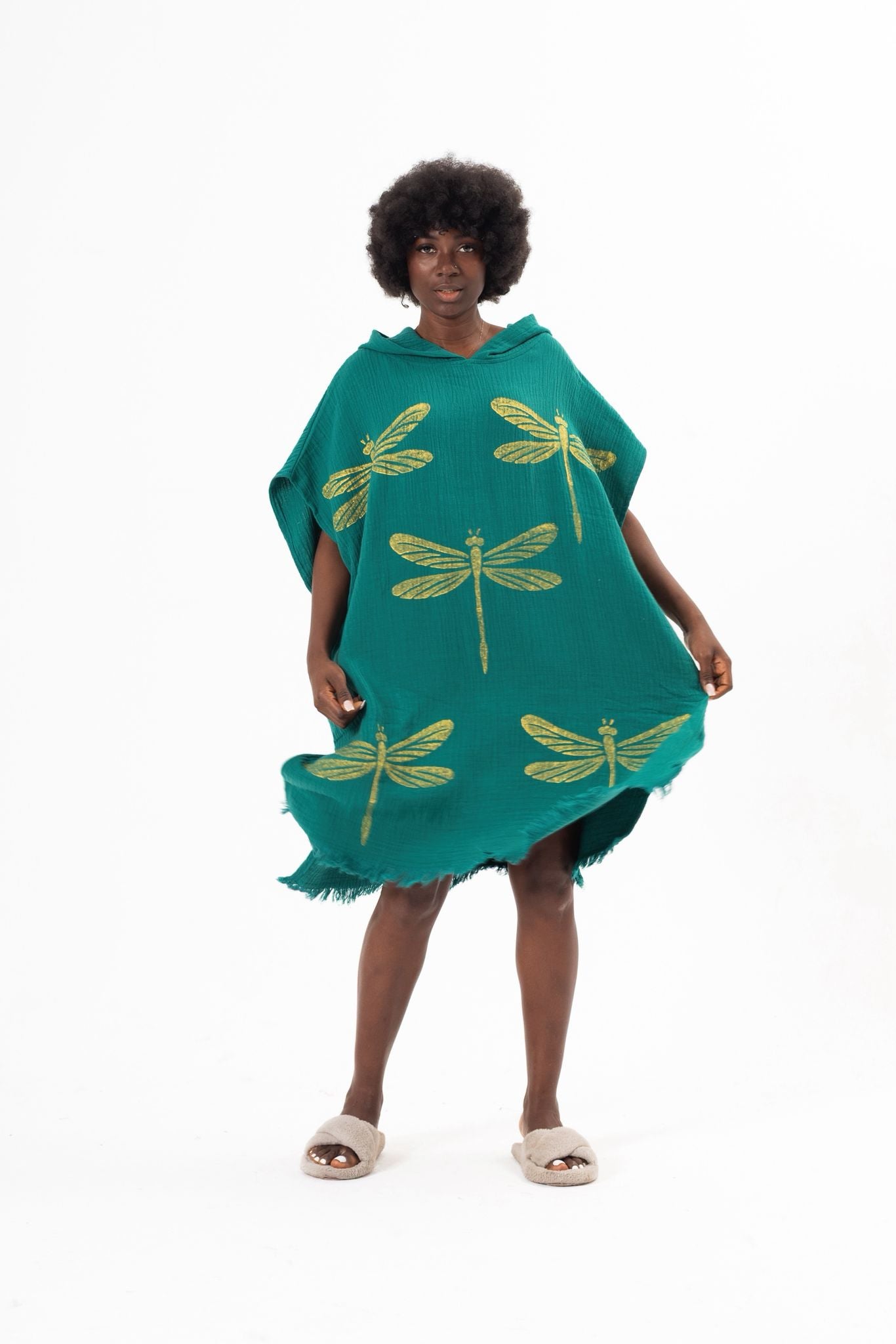 Golden Dragonfly Hand-Print Hooded Poncho
