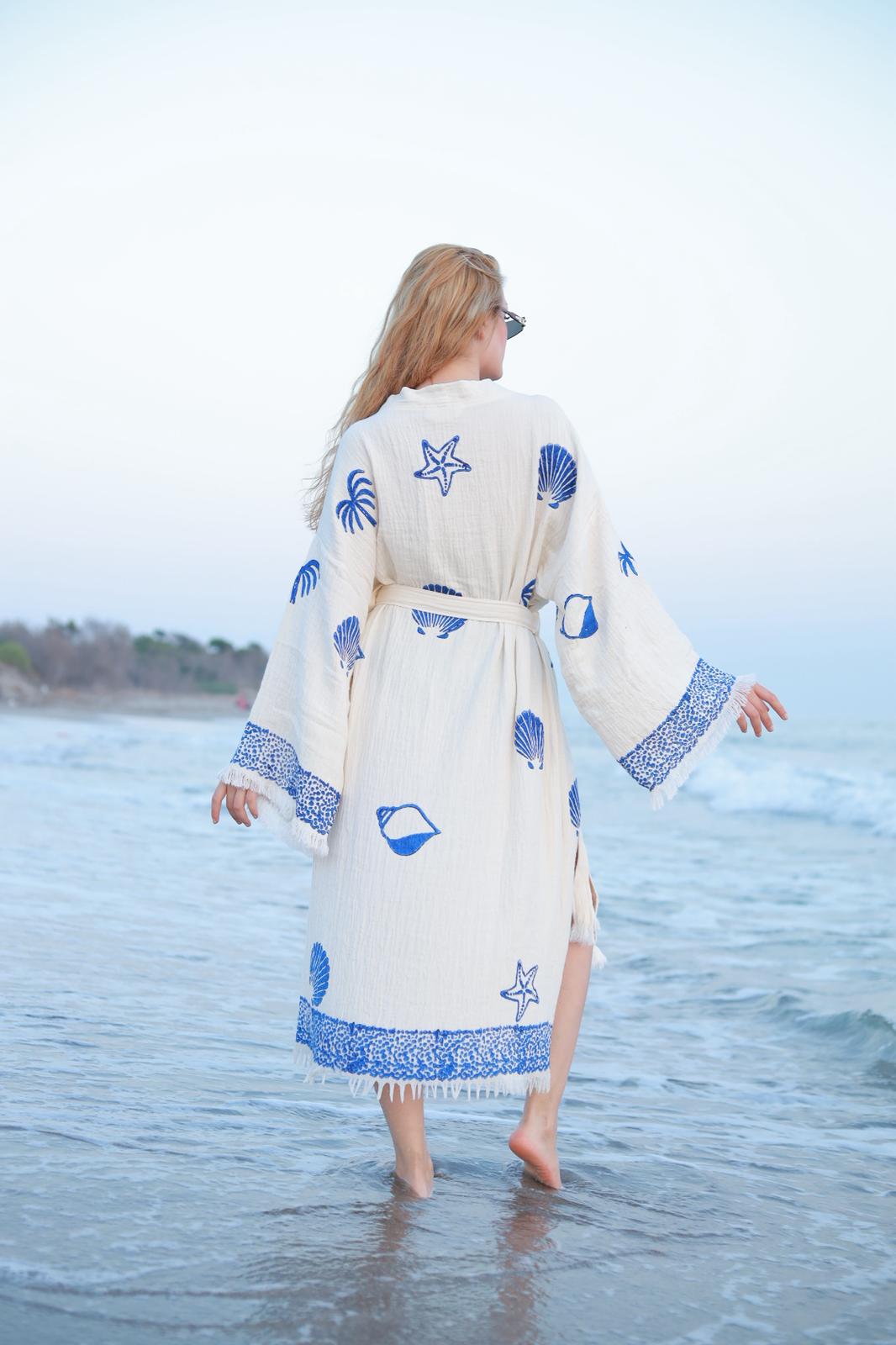 Marine Serenity Hand-Print Kimono