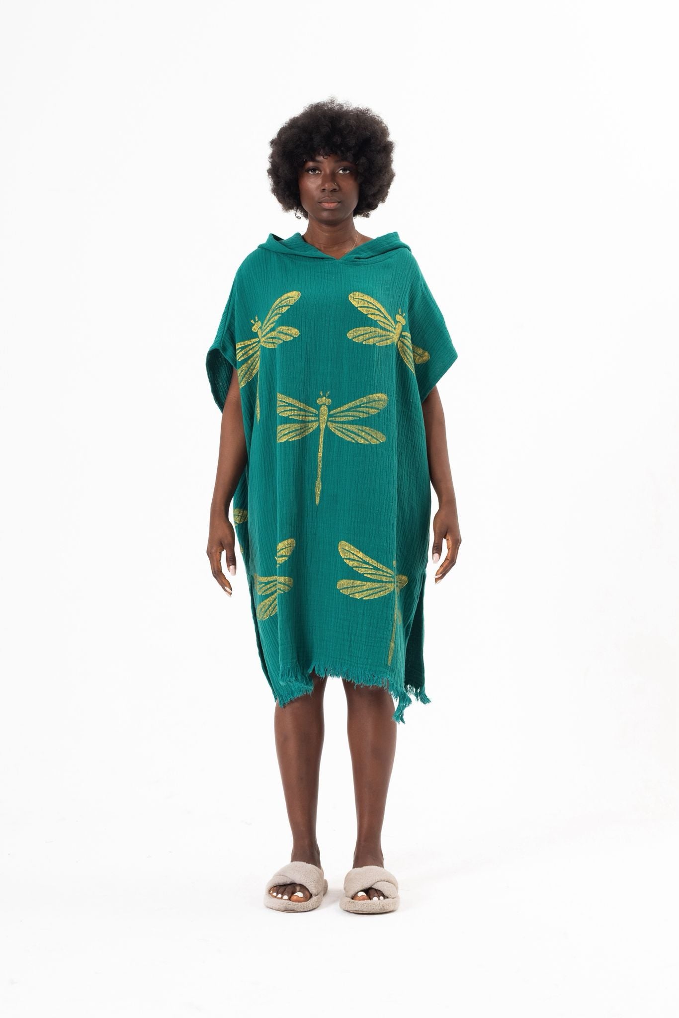 Golden Dragonfly Hand-Print Hooded Poncho