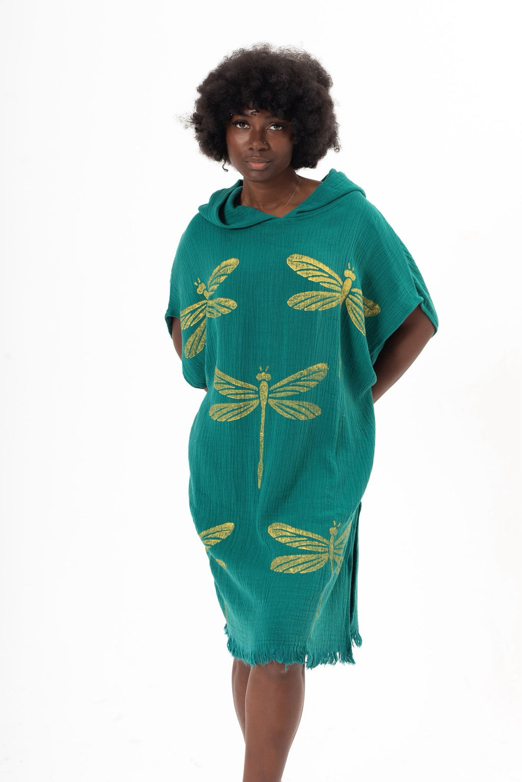 Golden Dragonfly Hand-Print Hooded Poncho