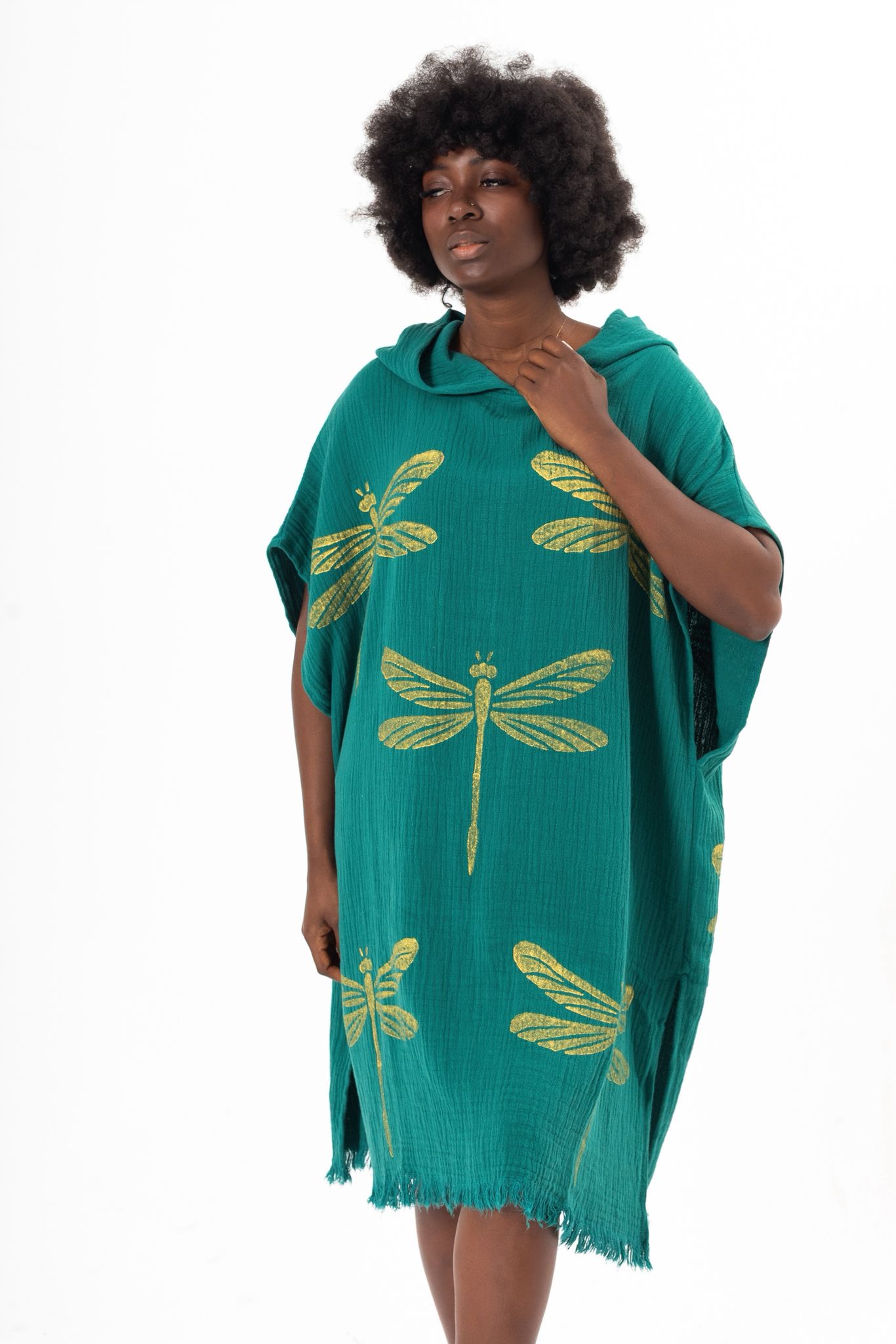 Golden Dragonfly Hand-Print Hooded Poncho