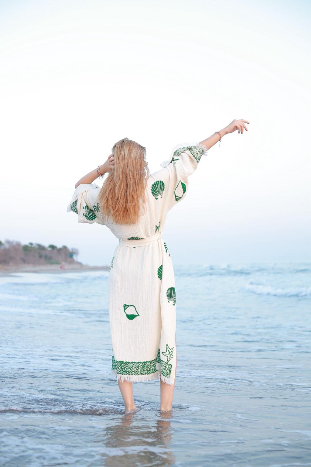 Emerald Tide Hand-Print Muslin Kimono