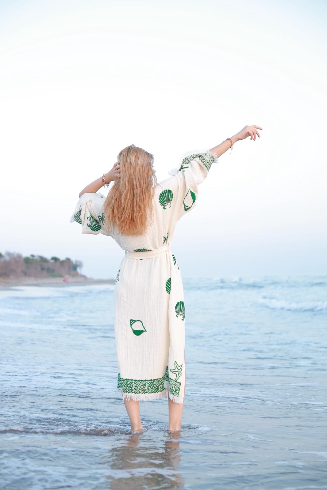 Emerald Tide Hand-Print Muslin Kimono