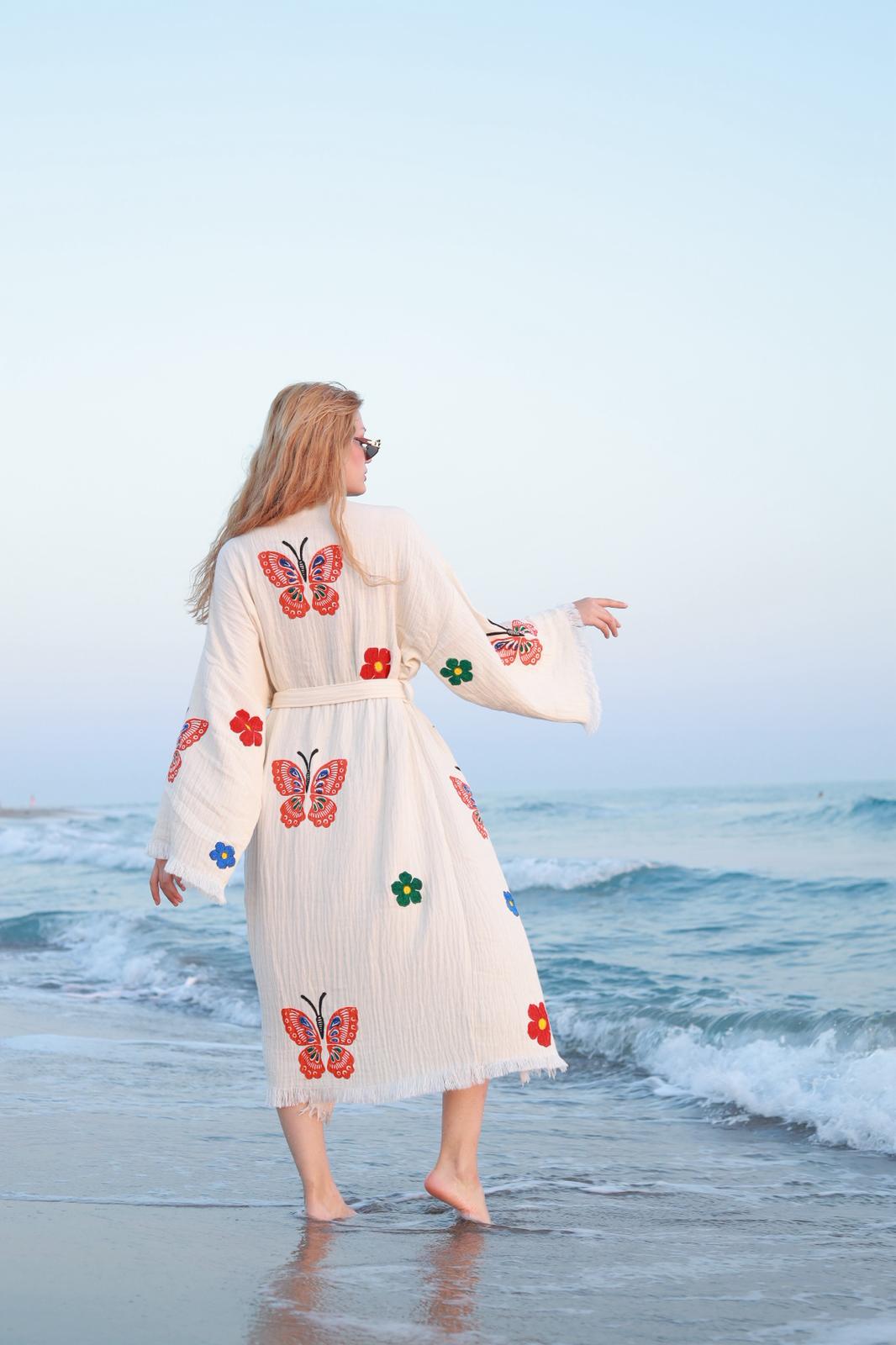 Butterfly Garden Hand-Print Muslin Kimono