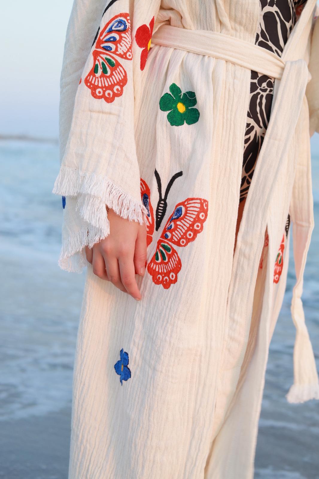 Butterfly Garden Hand-Print Muslin Kimono
