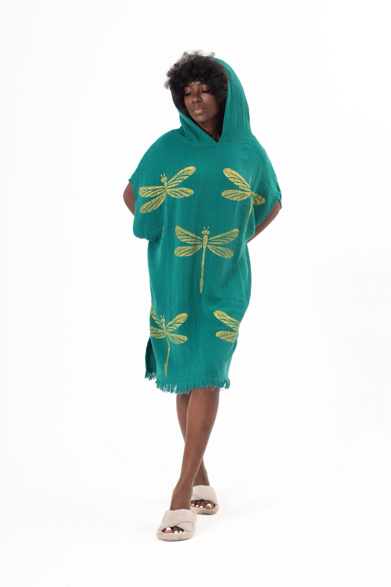 Golden Dragonfly Hand-Print Hooded Poncho