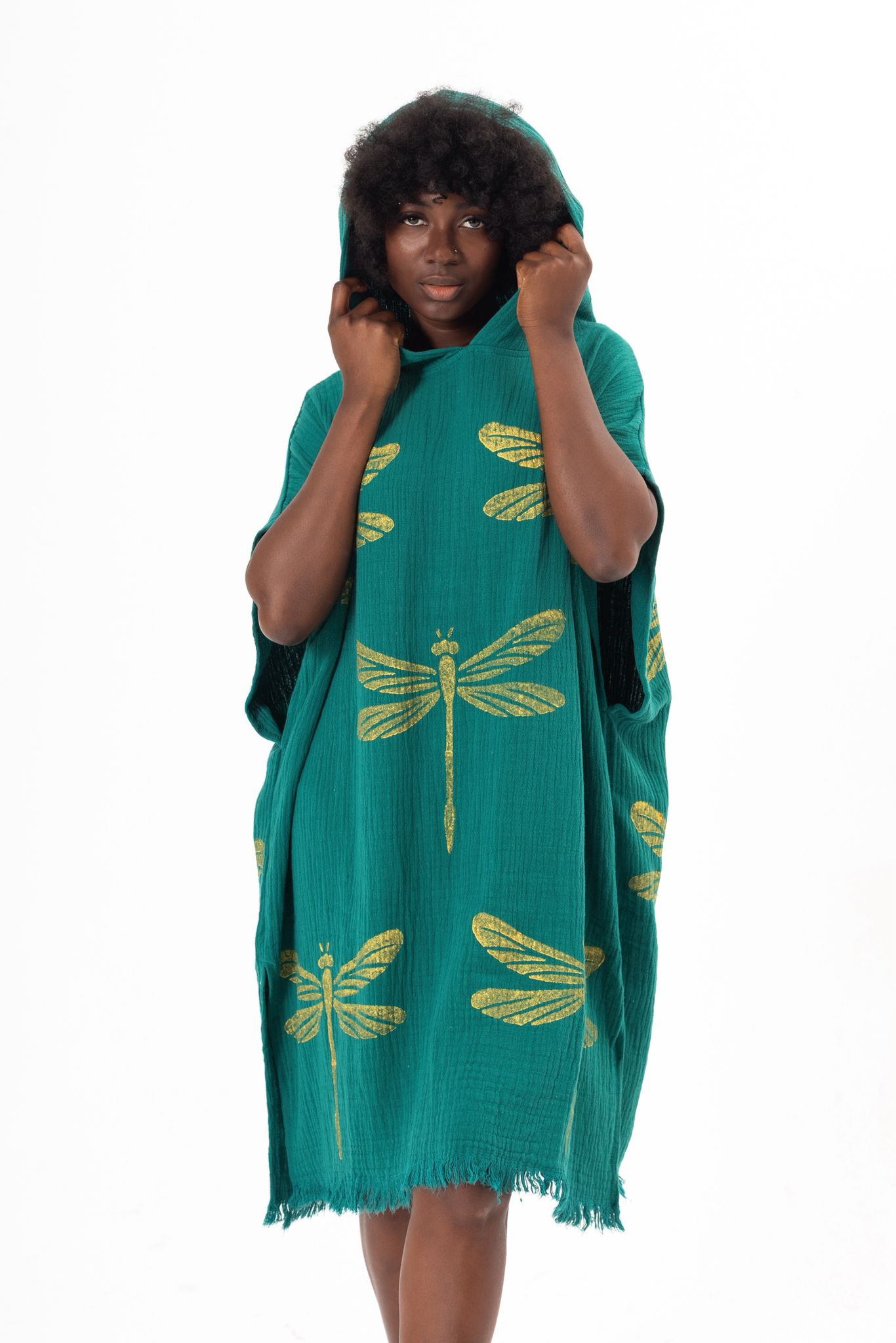 Golden Dragonfly Hand-Print Hooded Poncho