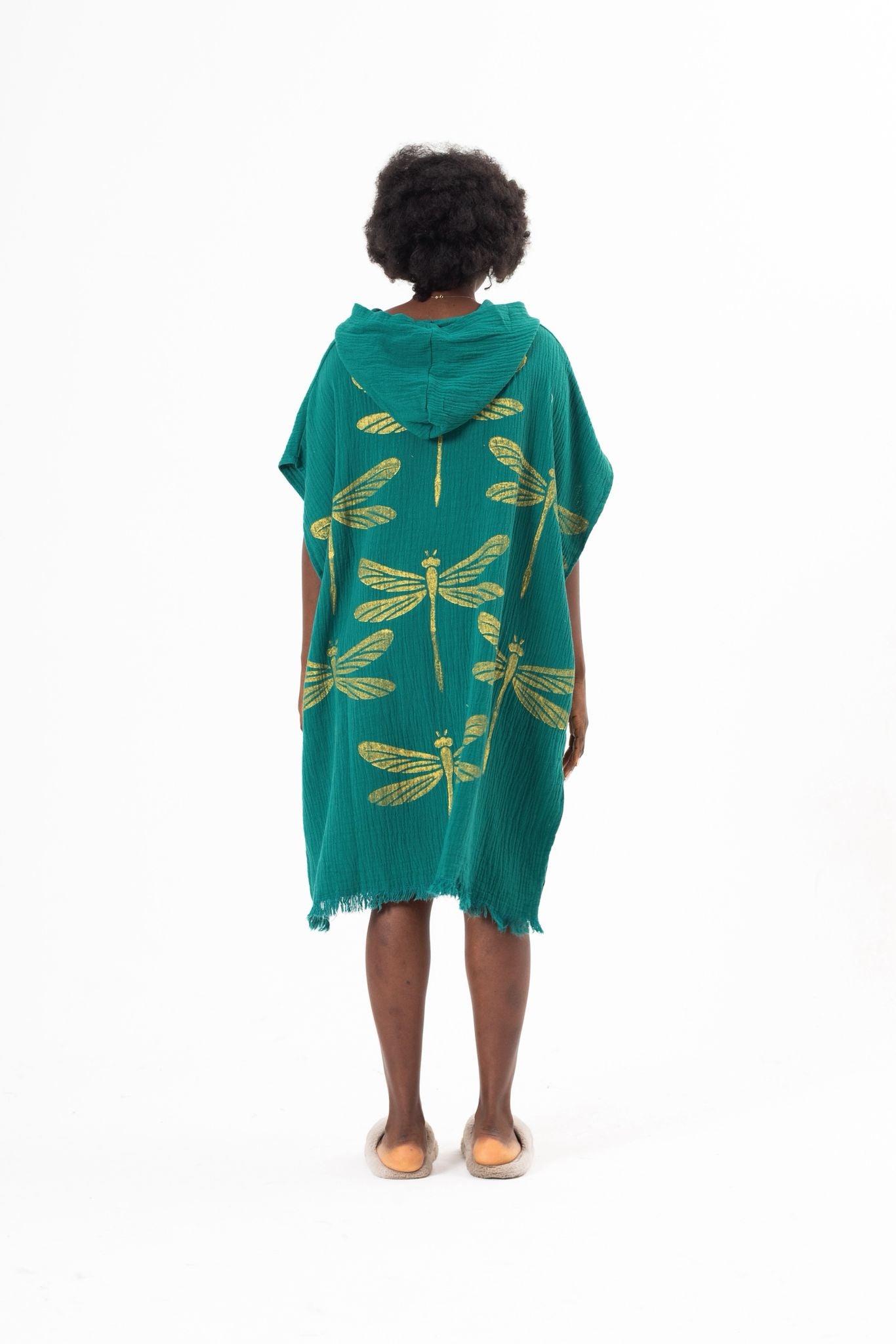 Golden Dragonfly Hand-Print Hooded Poncho